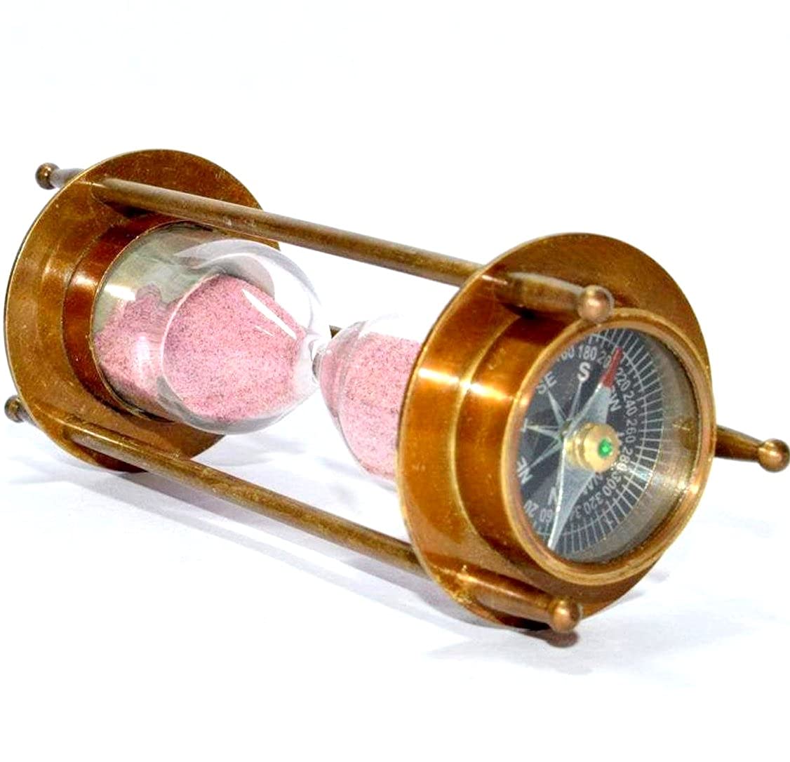 Antique Handmade Brass Sand Timer Hourglass - 5 Inches, Brown with Vintage Maritime Brass Compass - Perfect for Home Decor, Nautical Theme, and Gift Giving
