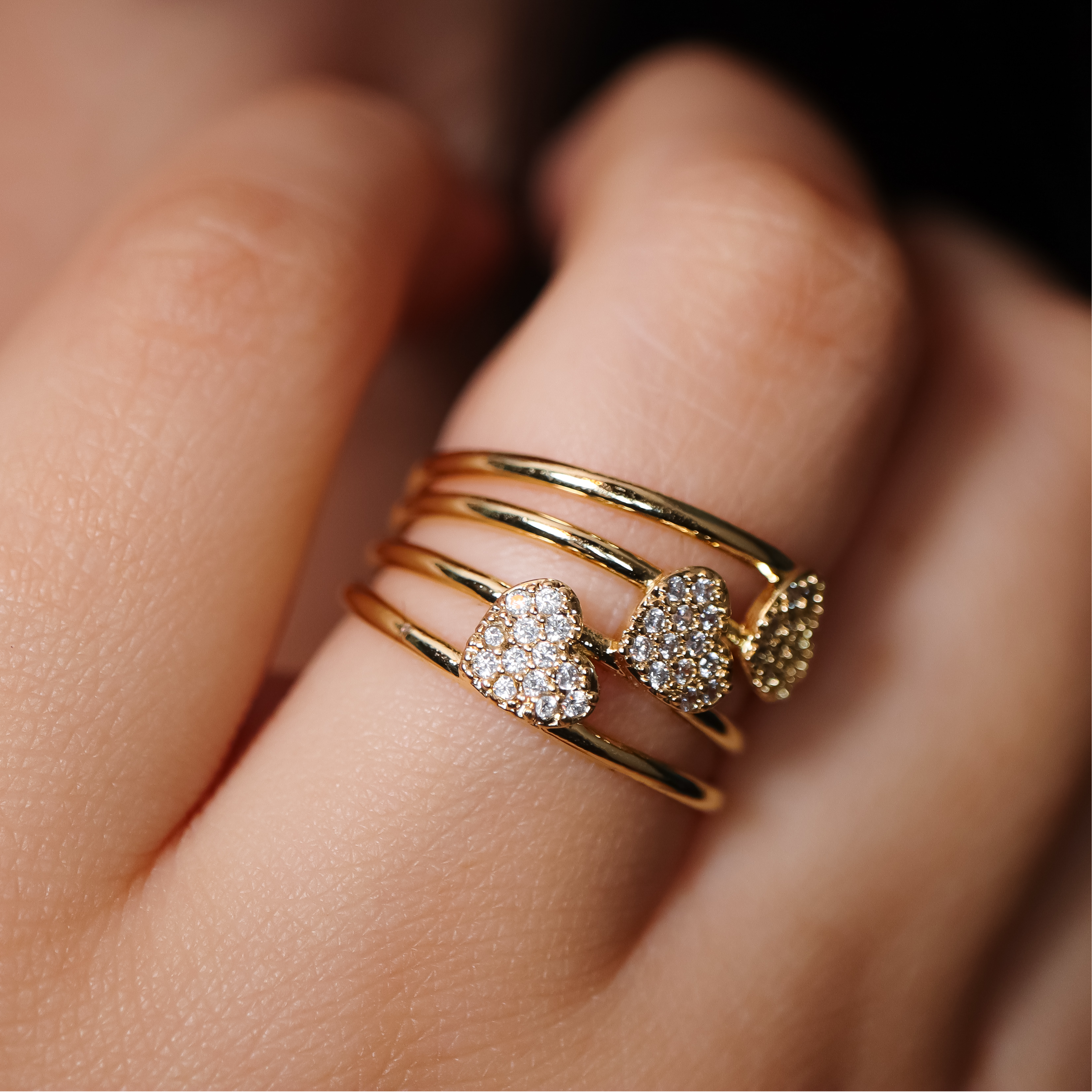 18K Gold Plated Triple Heart Pavé Ring - Adjustable Size for Women, Elegant Cubic Zirconia Jewelry Gift for Valentine's Day, Anniversary & Special Occasions