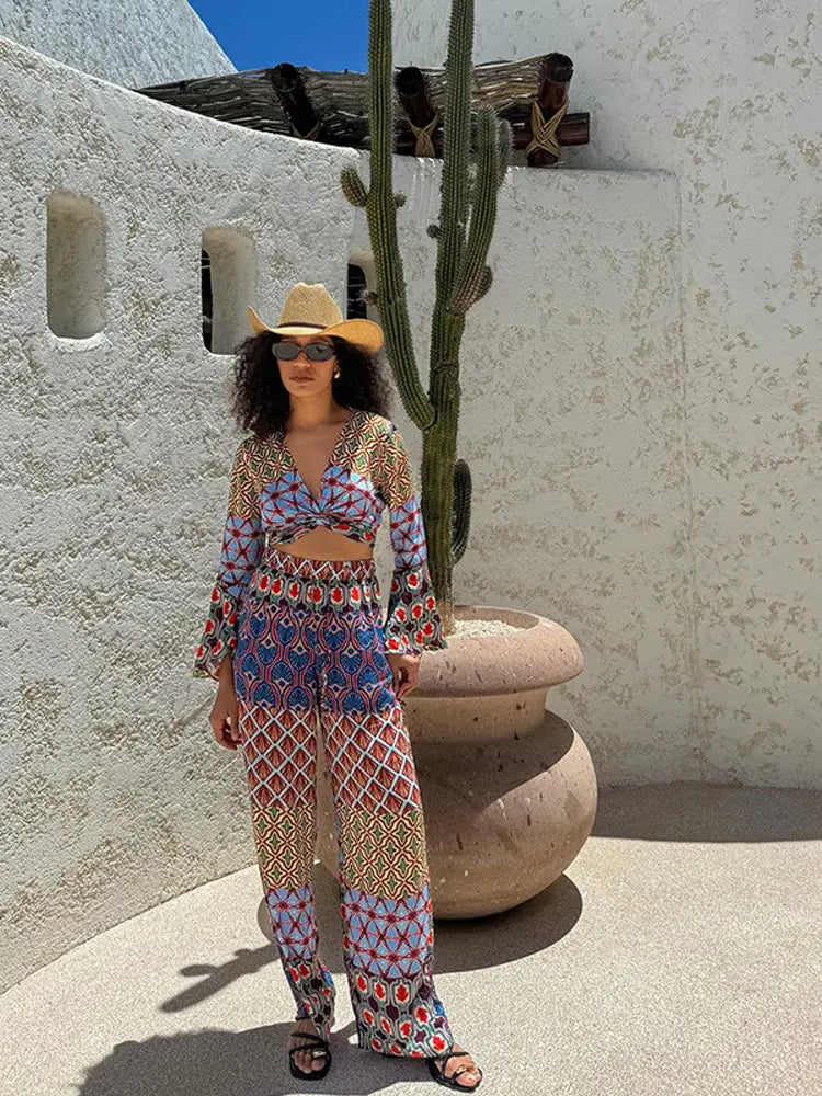 Vintage Floral Print Long Flare Sleeve Crop Top & Wide Leg Pants Set for Women - Elegant V Neck Blouse with Elastic Waist Trousers Outfit | Office Wear, Party, Date Night, Casual Chic Fashion
