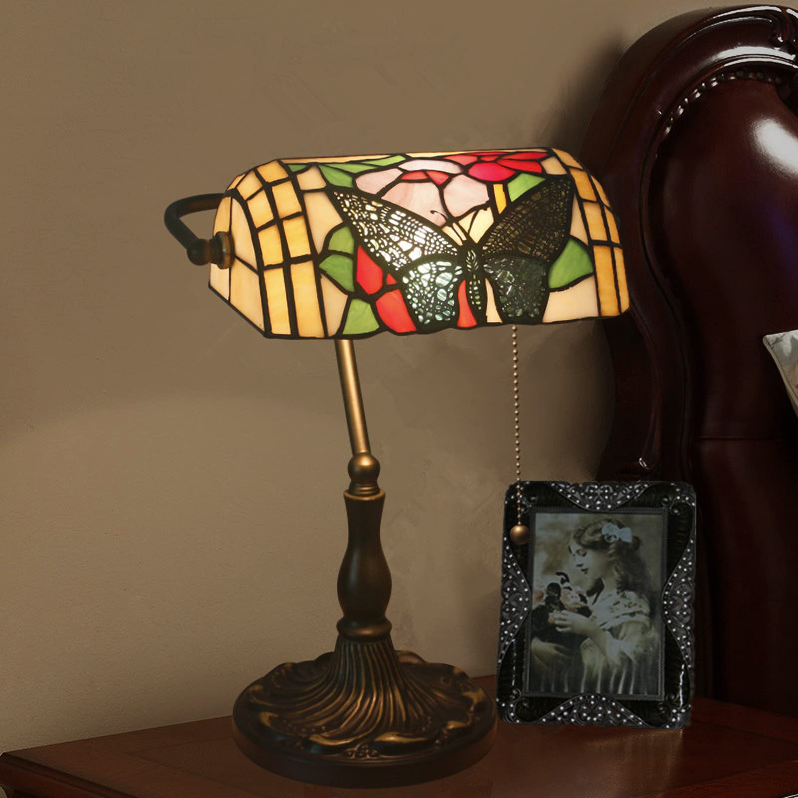 10 Inch Tiffany Table Lamp - Handmade Butterfly Rose Stained Glass Desk Light, Retro Style Nightstand Lamp for Bedroom, Living Room, Office Decor - Perfect for Reading, Relaxing & Night Light Use