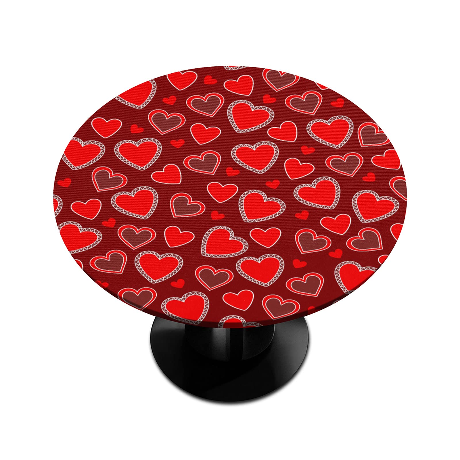 Red Heart Print Waterproof Elastic Edge Round Tablecloth - 48 Inch Fitted Table Cover for Outdoor Dining, Parties & Decor - Wipeable & Durable (Fits 36