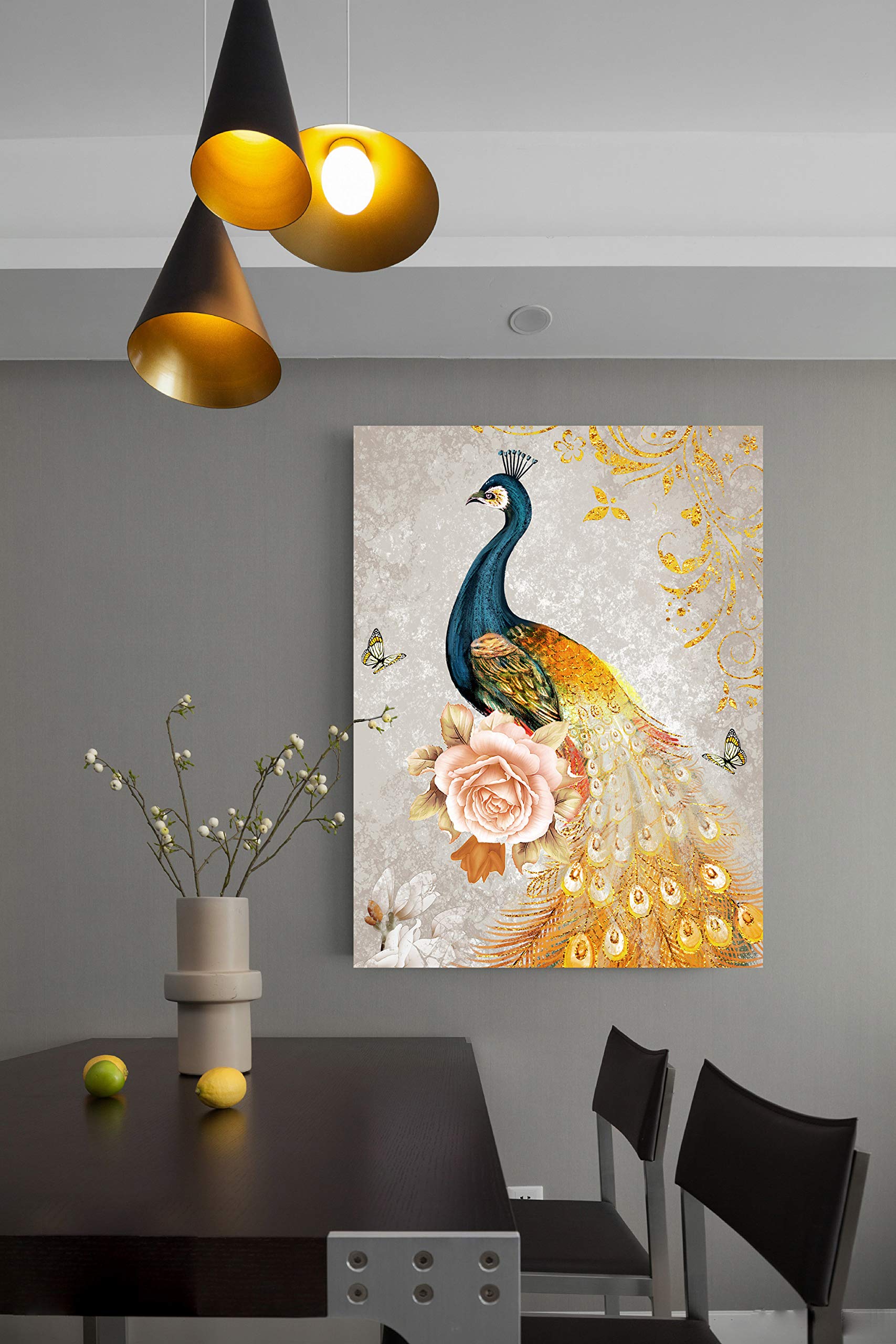Looife 30x40 Inch Blue Peacock Canvas Wall Art - Hand Painted Yellow Tail Feather Giclee Print for Living Room, Bedroom & Bathroom Decor | Perfect for Home, Office & Gift Giving