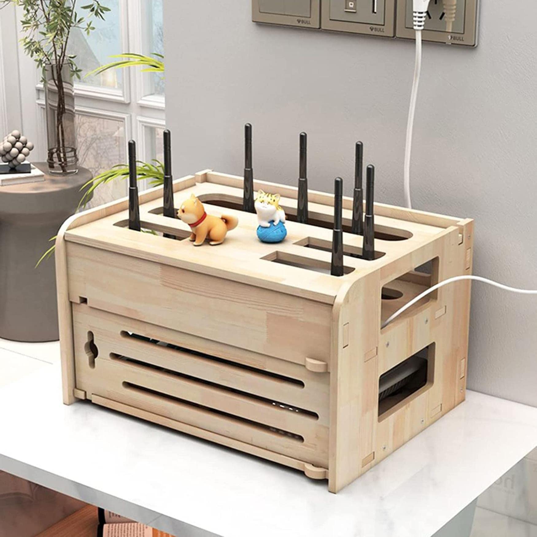 Wooden WiFi Router Storage Box with Wall Mount - Cable Management Organizer for Routers, Modems, TV Set-Top Boxes & Wires - Perfect for Home Office, Living Room & Entertainment Center Organization