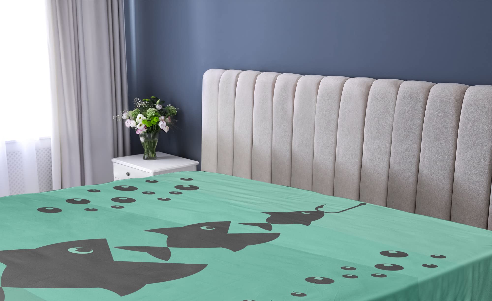 Ambesonne Fishing Fitted Sheet - Twin Size, Underwater Ocean Theme with Big Fish Design, Deep Pocket Elastic Bed Cover in Teal Grey | Perfect for Kids' Rooms, Beach Houses & Fishing Enthusiasts