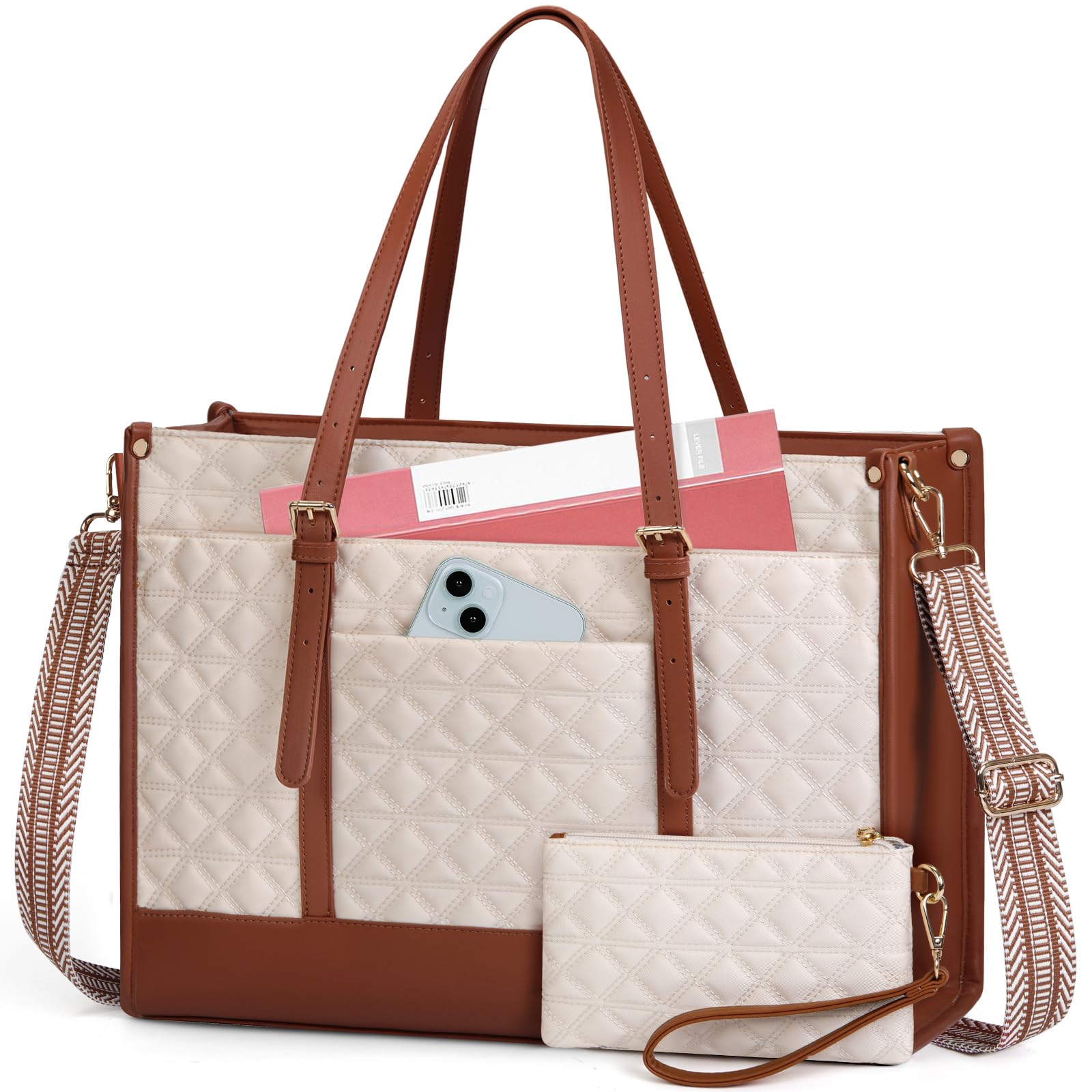 IGOLUMON Vegan Leather Laptop Bag for Women 15.6 Inch - Quilted Business Tote Briefcase for Work, Travel & Office - Stylish Computer Bag with Purse (Beige & Brown) - Perfect for Professionals, Teachers & Designers