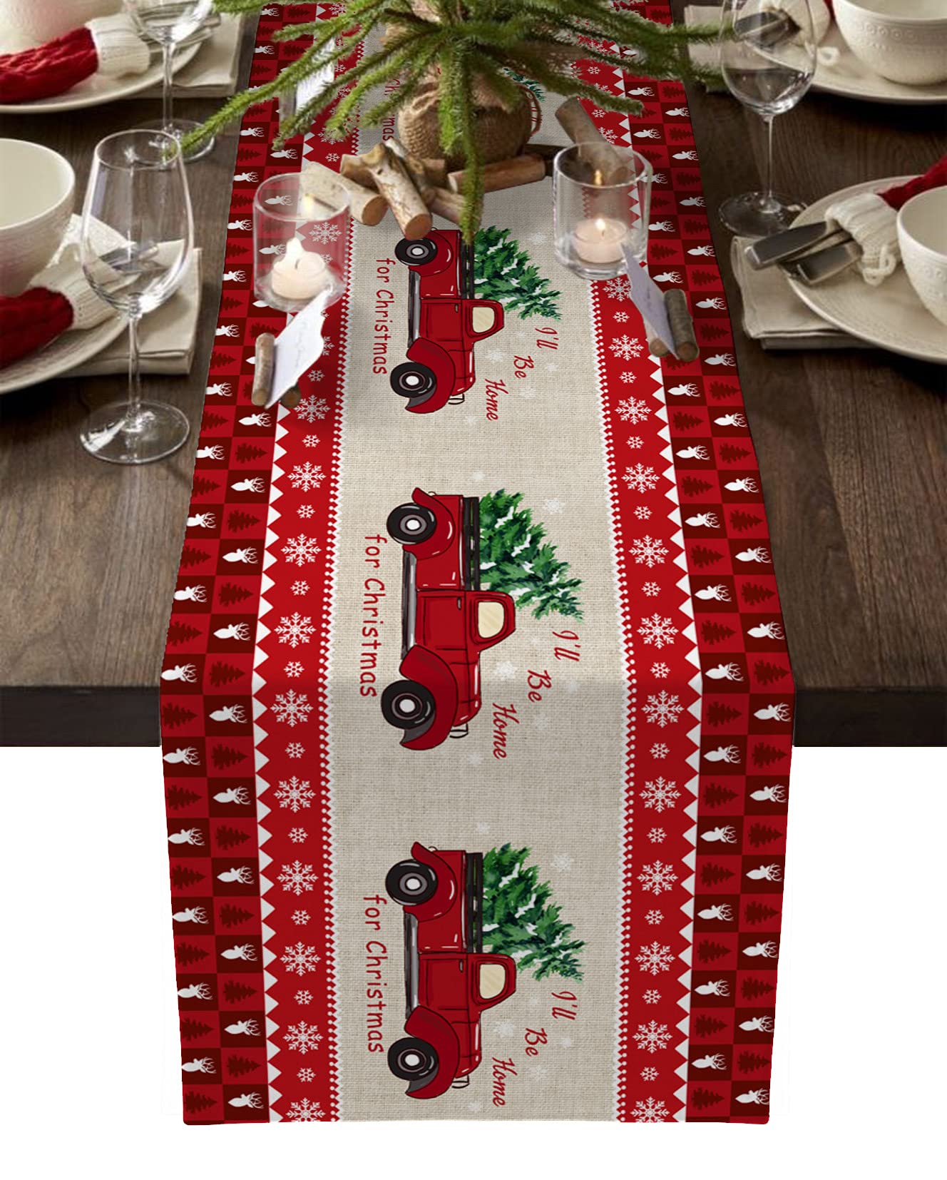 36 Inch Christmas Table Runner with Red Truck & Tree Design - Retro Holiday Kitchen, Dining, Living Room Decor - Perfect for Parties & Home Decoration (13x36 in) - Ideal for Christmas Dinners, Family Gatherings & Festive Home Styling