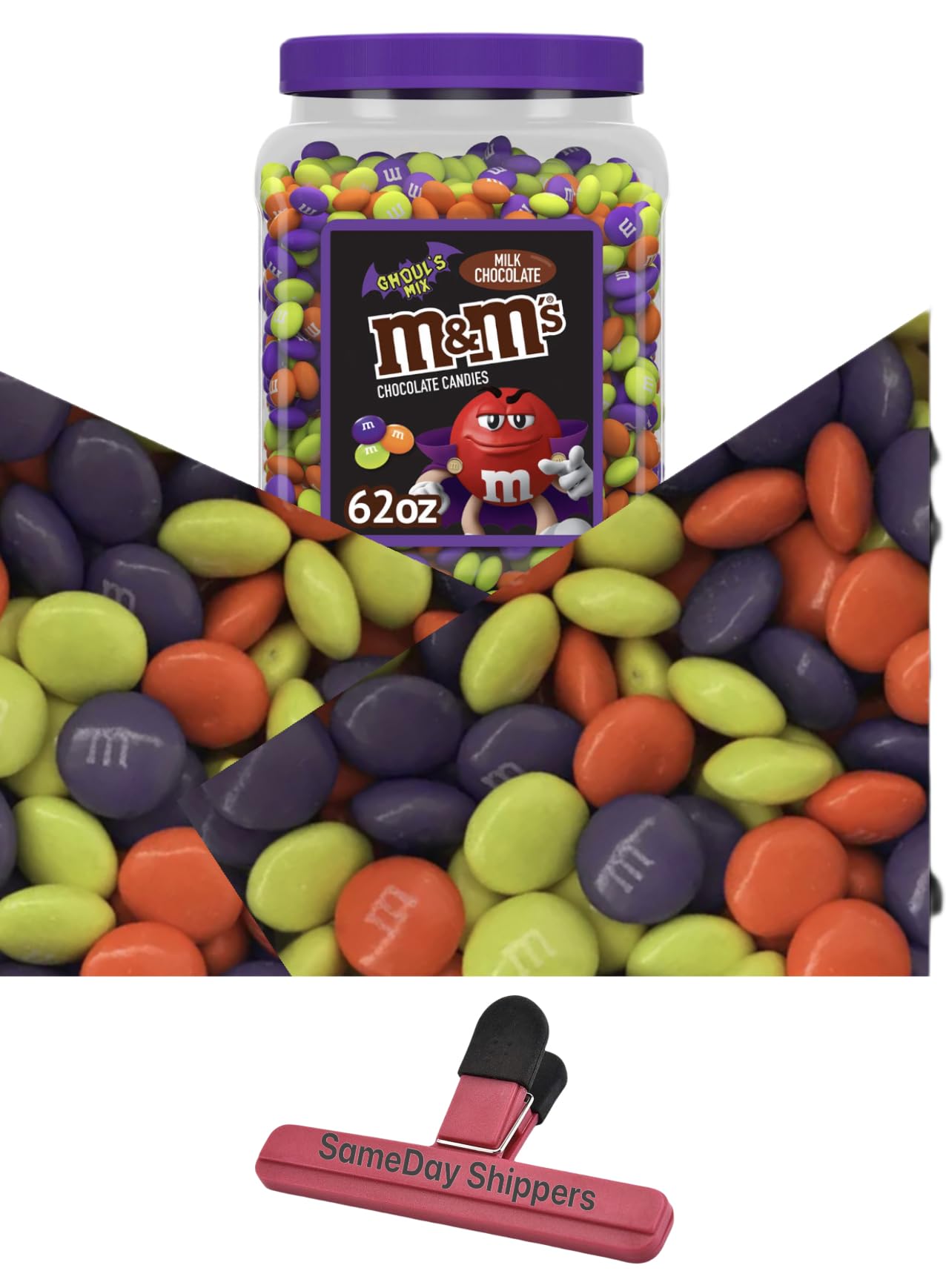Halloween M&M's Milk Chocolate Ghoul's Mix Bulk Candy - 62oz Resealable Jar with Free SameDay Shippers Branded Bag Clip & Treat Bag | Perfect for Trick-or-Treating, Halloween Parties & Office Treats