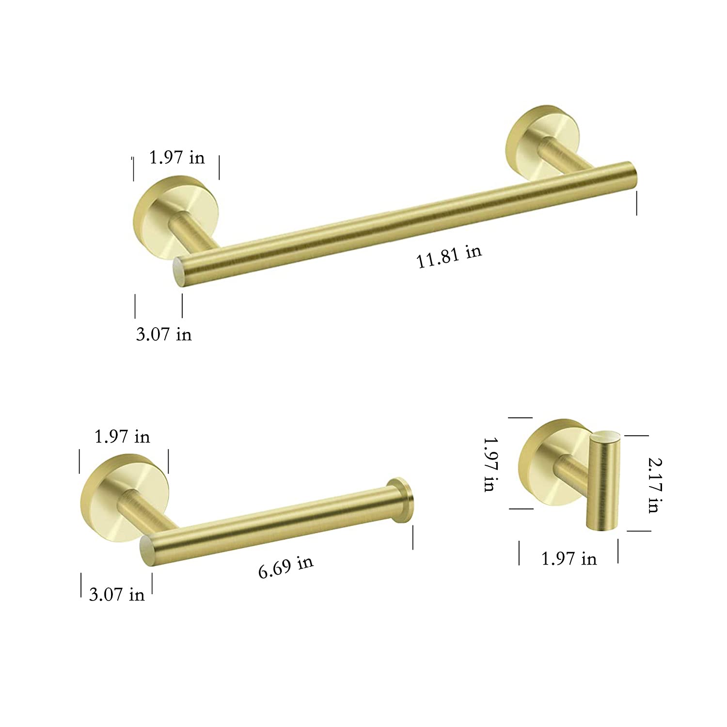 3-Piece Bathroom Hardware Set - Brushed Gold Finish - Modern Towel Bar, Robe Hook & Toilet Paper Holder - Perfect for Bathroom, Spa & Guest Room Decor