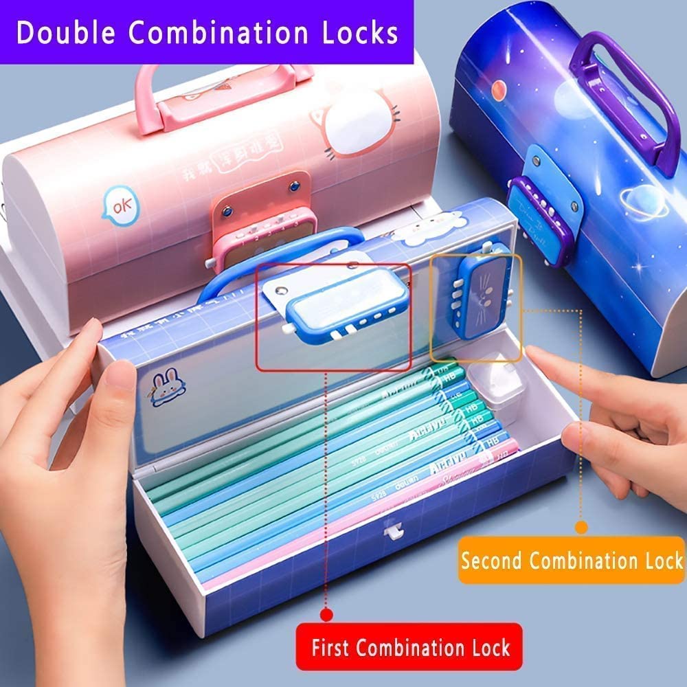 KELLY MILLER Kids Pencil Box with Password Lock - Cute Bear Design Suitcase Style School Supplies Organizer for Boys & Girls | Perfect for Classroom, Homework & Travel Organization
