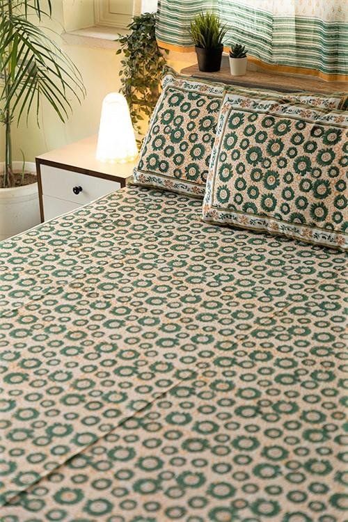 Green Glow Handblock Printed Cotton Bedsheet - 100% Organic Cotton Queen Size Bed Sheet Set | Eco-Friendly Home Decor for Bohemian & Modern Bedrooms