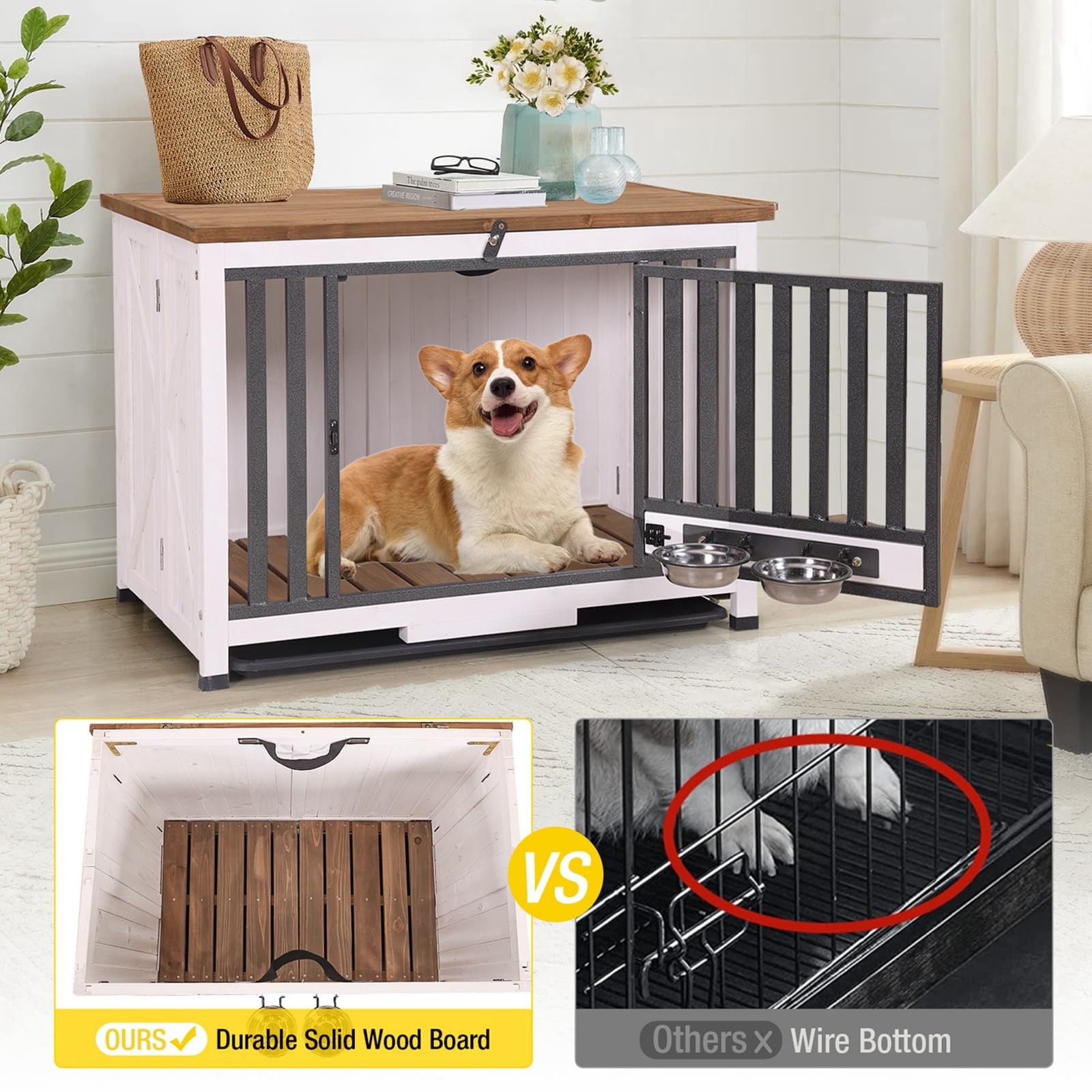 Aivituvin Heavy Duty Portable Dog Crate Furniture for Small & Medium Dogs - Solid Wood Opening Roof Kennel End Table | Indoor Pet House for Living Room, Bedroom & Office