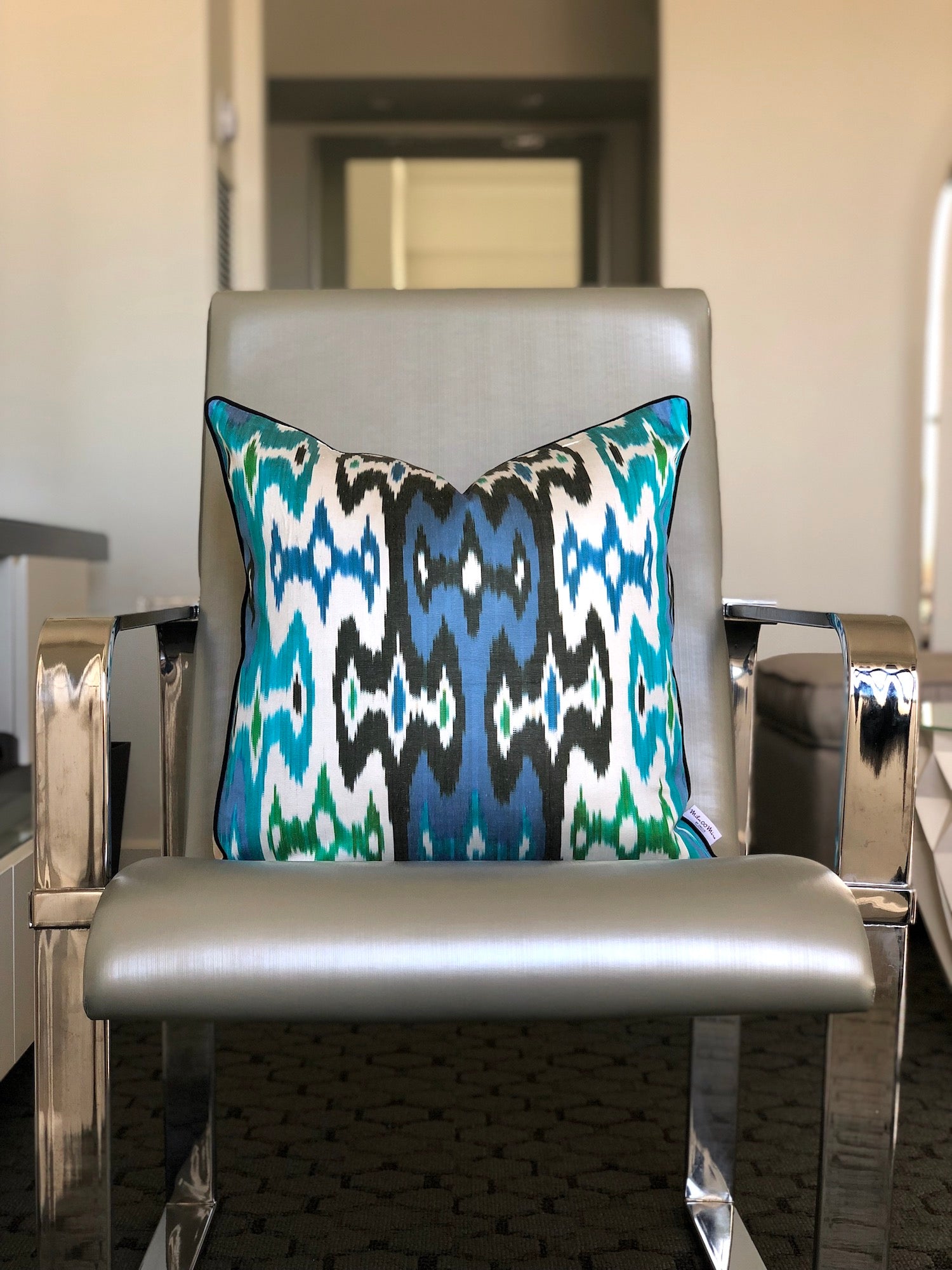 Handmade Silk Ikat Pillow Cover - Azure Blue Bohemian Decorative Throw Cushion for Sofa, Bed, Living Room | Perfect for Home Decor & Gift