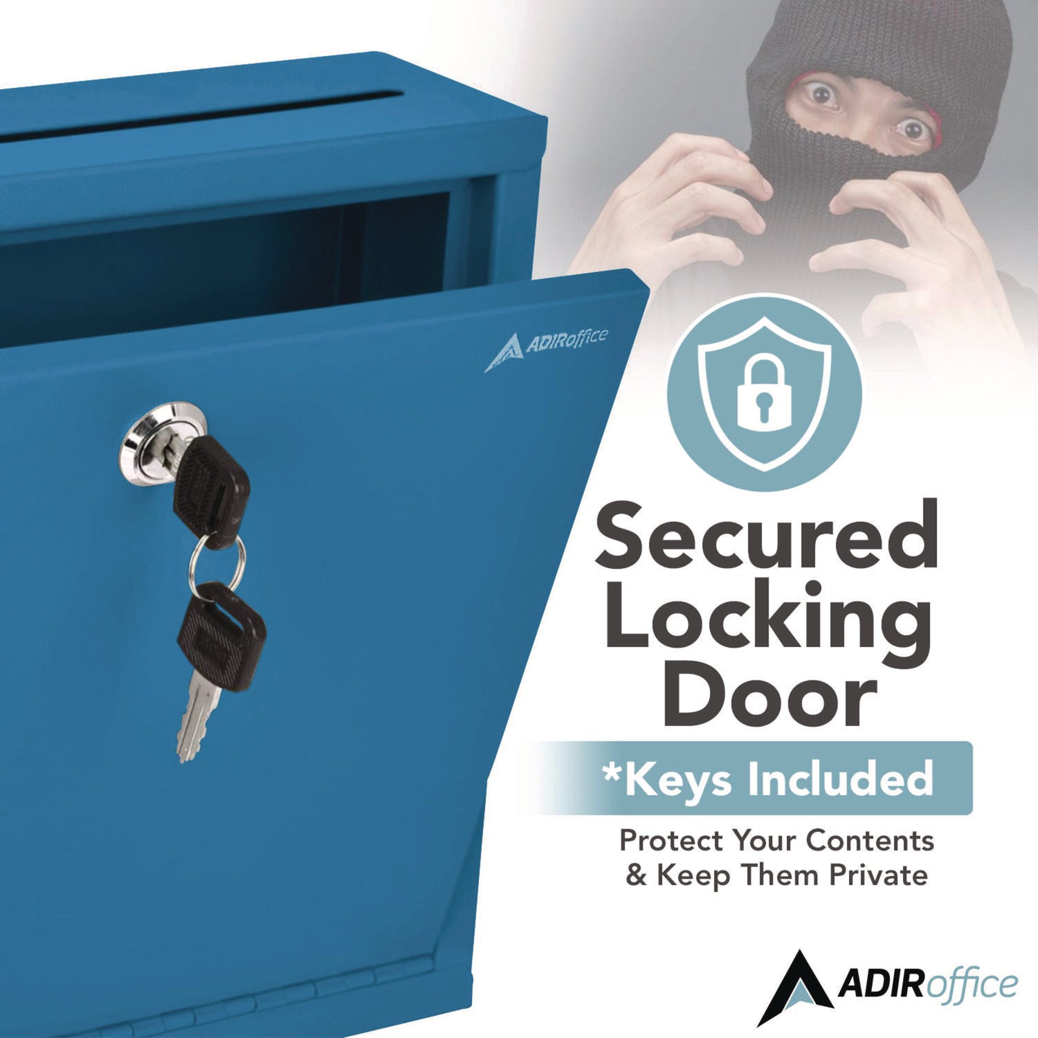 AdirOffice Large Steel Secure Drop Box - 12 x 3 x 10 Inches - Multi-Purpose Locking Mailbox for Office, Home & Business - Durable Blue Document Collection Box for Mail, Packages & Confidential Files