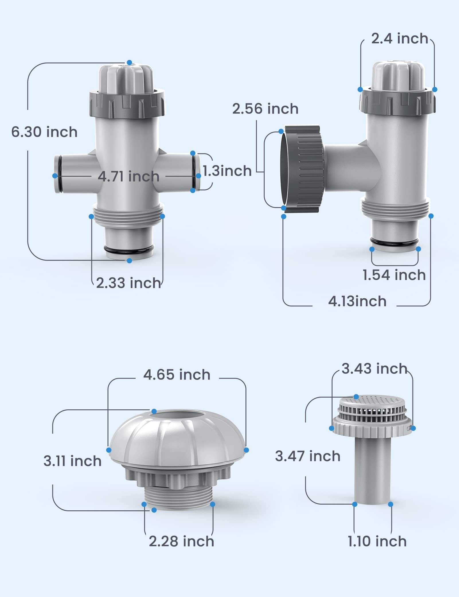 Premium Pool Filter Part Kit Set - Plunger Valve, Split Hose Plunger Valve, 1 ¼ Inch Pool Outlet Strainer & Large Inlet Nozzle Set for Swimming Pool Maintenance and Repair - Perfect for Inground & Above Ground Pools
