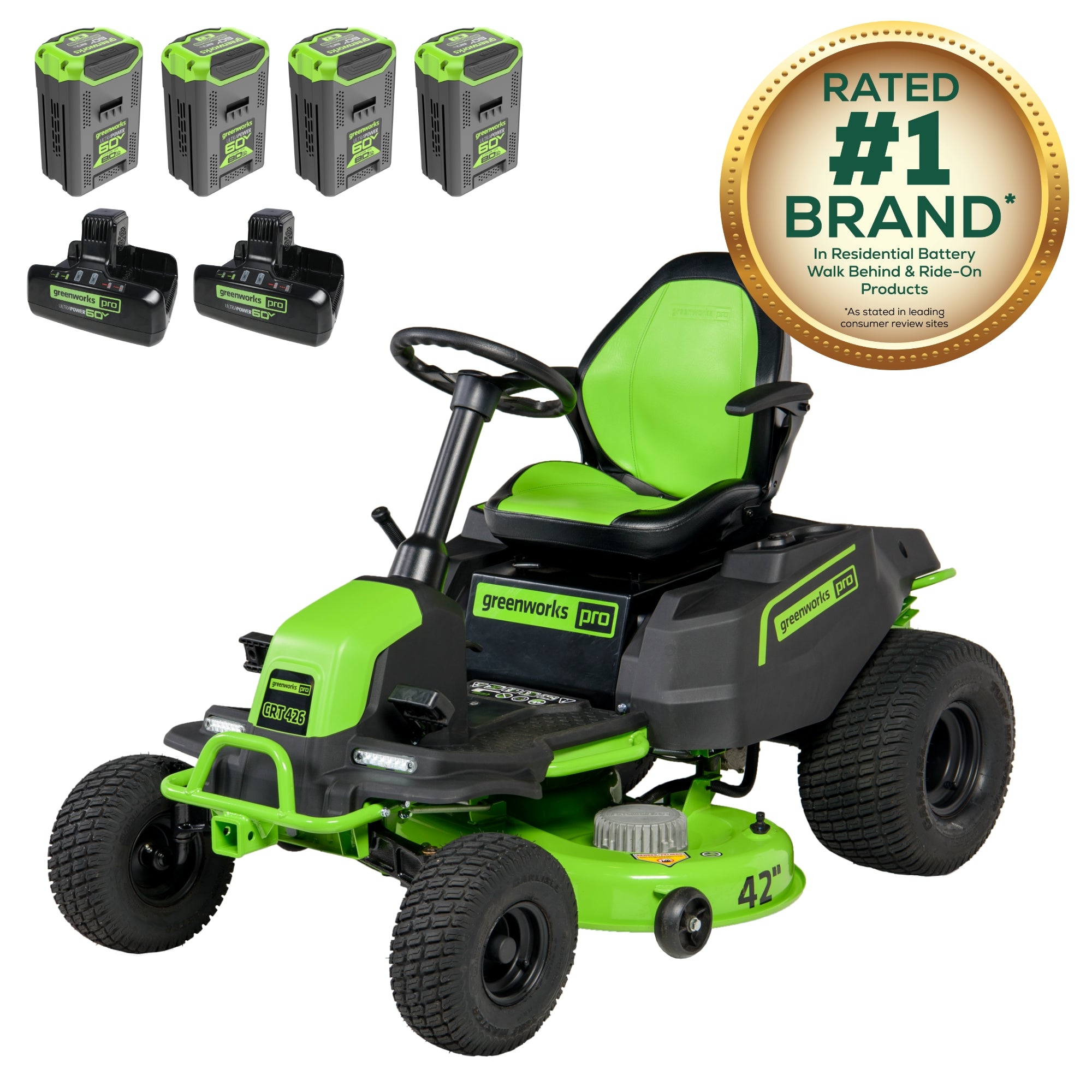 60V 42-Inch Cordless Battery Riding Lawn Mower with 4x 8.0Ah Batteries & 2x Dual Port Turbo Chargers - Perfect for Large Yard Maintenance & Commercial Landscaping