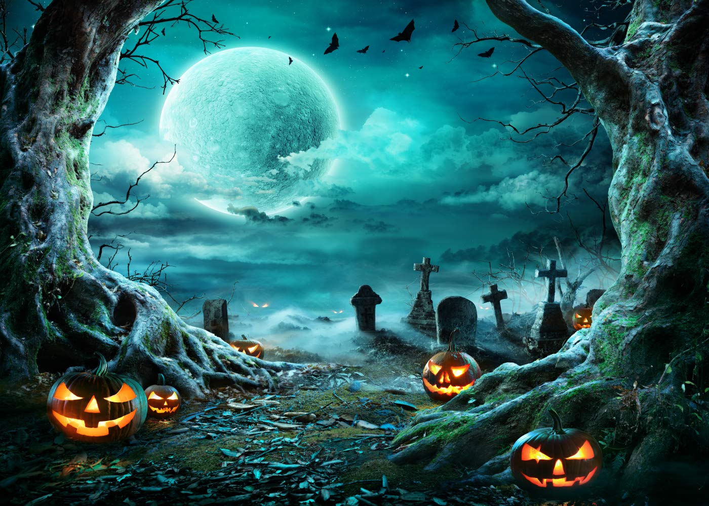 12x10FT Halloween Backdrop Photography Background - Spooky Moon Night Scary Cemetery with Pumpkin Lanterns for Kids, Adults & Family Parties - Perfect for Halloween Decor, Birthday Banner & Photo Shoot Backdrop (SCO192F)
