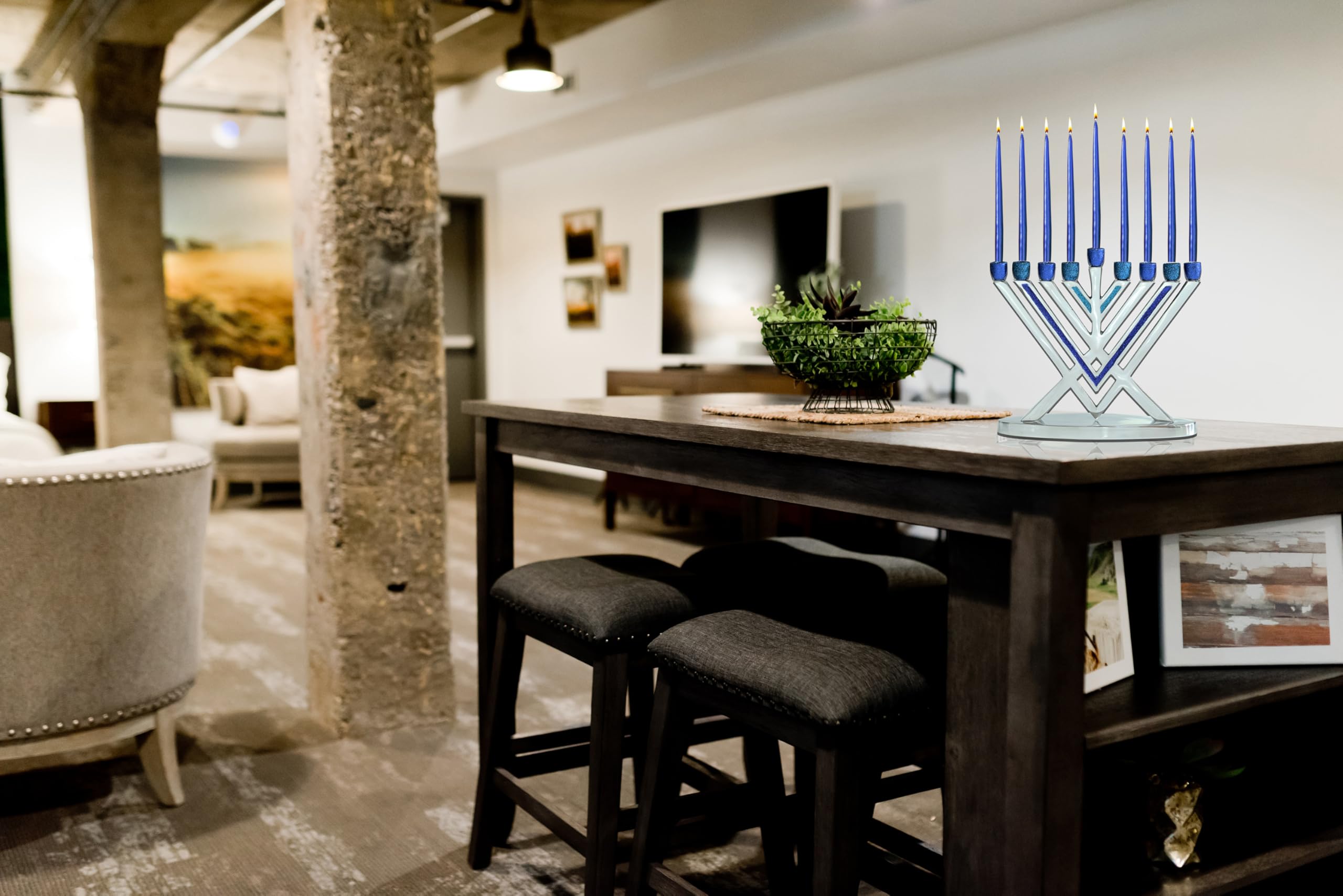 Blue Glitter Aluminum Chabad Hanukkah Menorah - Modern Artistic Decorative Candle Menorah for Chanukah - Fits All Standard Hanukkah Candles - Perfect for Home Decor, Jewish Holidays & Gift Giving