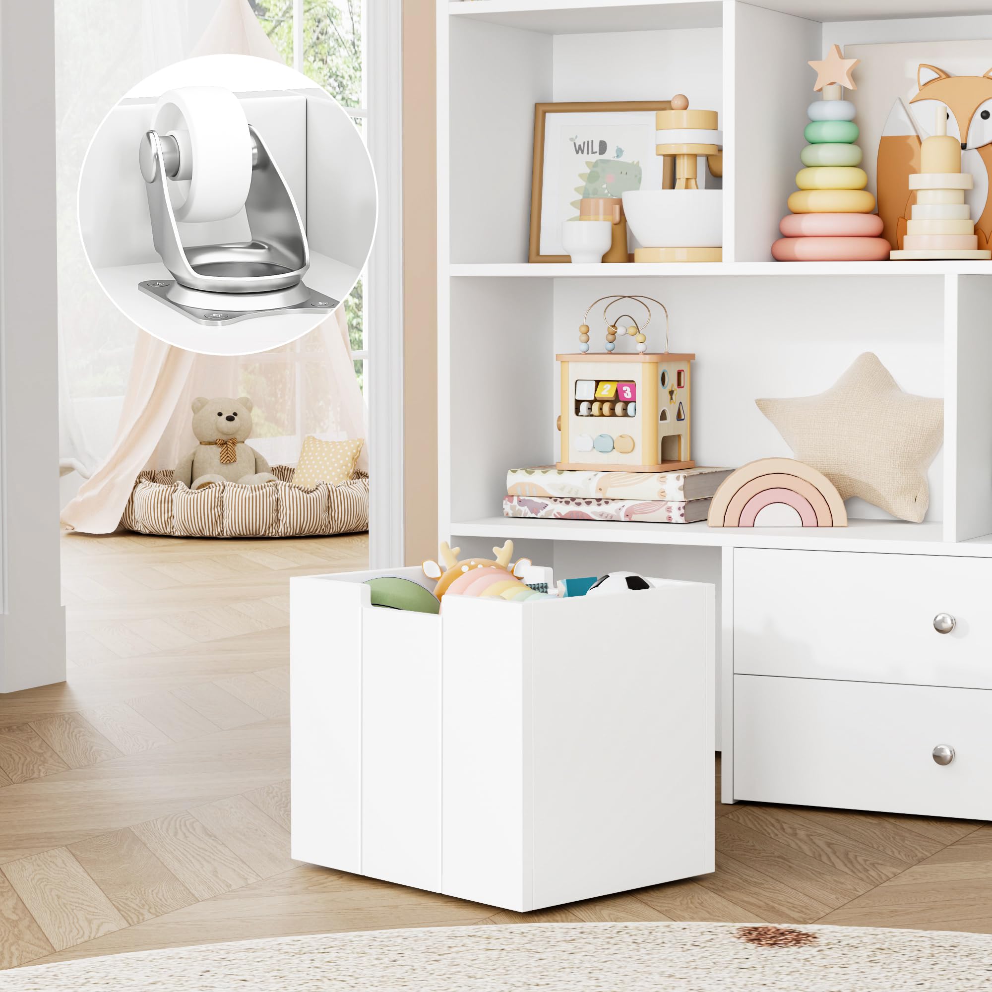 FINETONES Kids Toy Storage Organizer - Large 4-Drawer Bookshelf with 7 Storage Cubbies & Hidden Wheels, White | Playroom Organization for Toys, Books & Games | Perfect for Nursery, Daycare & Home Play Areas