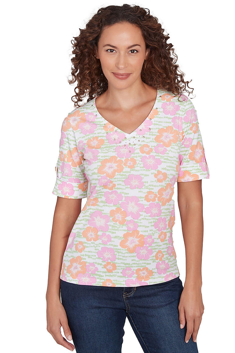 I Pink I Can Hibiscus Top - Floral Print Women's Blouse for Casual Wear & Summer Outfits