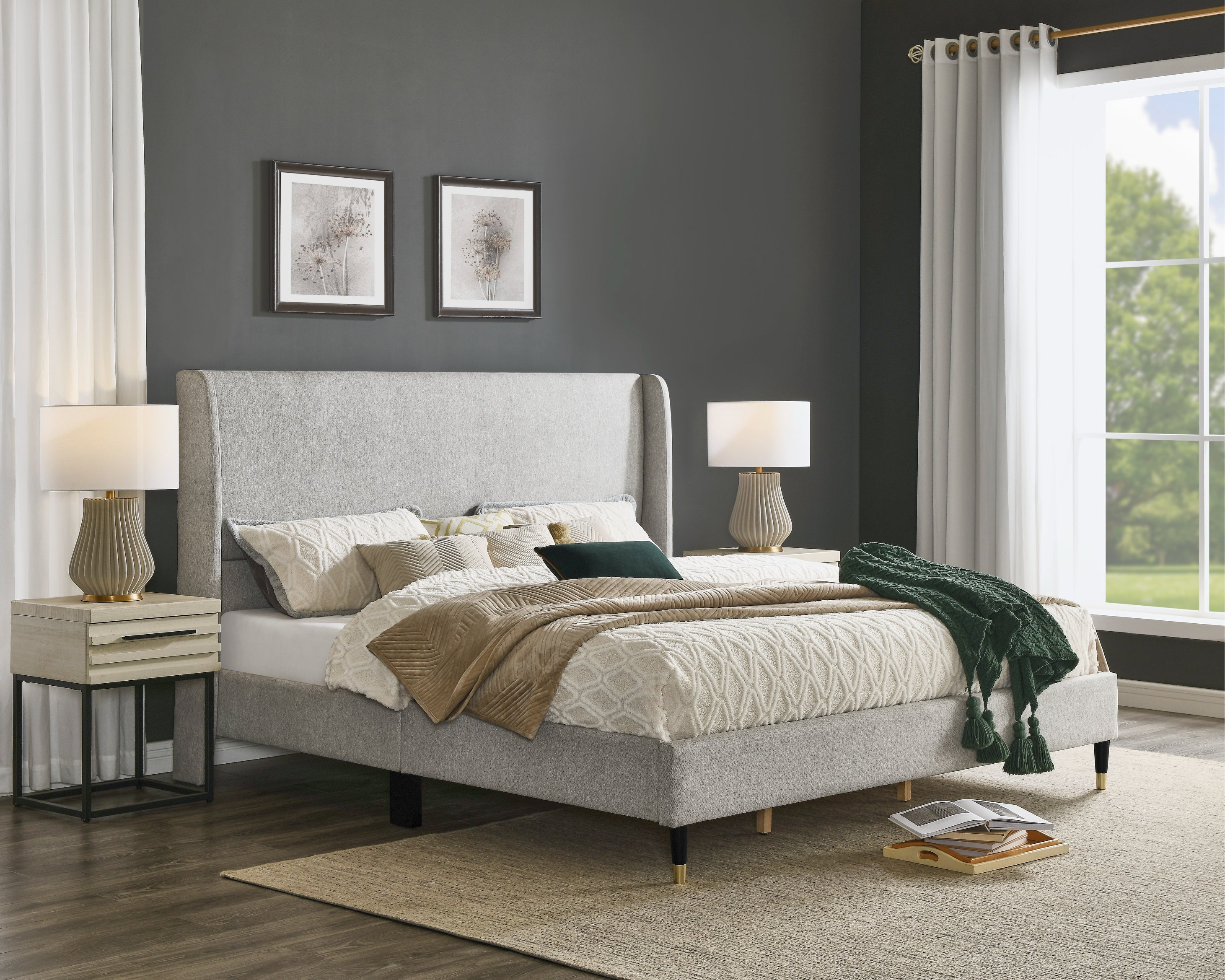 Roundhill Furniture Rozitta Upholstered Wingback Platform Bed Frame - Queen Size Upholstered Bed with Button Tufted Headboard for Bedroom, Modern Luxury Bed Frame with Sturdy Wooden Slat Support (Perfect for Master Bedroom, Guest Room or Apartment)