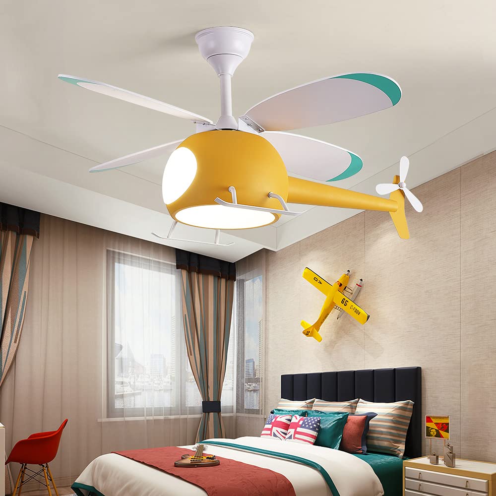 42 Inch Kids Helicopter Ceiling Fan with Remote Control & LED Lights - Cartoon Bedroom Fan for Boys & Girls - Perfect for Children's Room, Nursery, Playroom (Yellow)