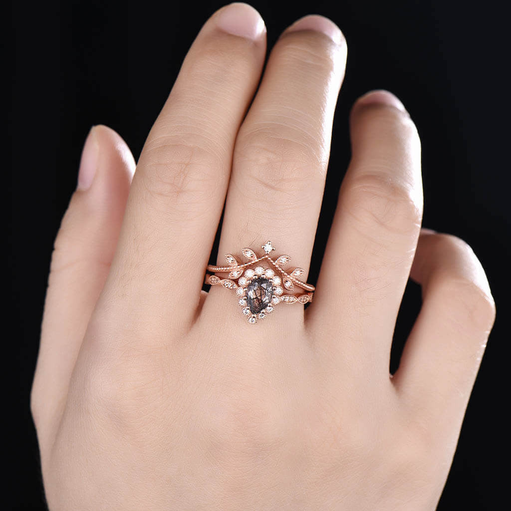 14K/18K Diamond Halo Black Rutilated Quartz Engagement Ring Wedding Set for Women - Elegant Bridal Jewelry for Proposals, Anniversaries & Special Occasions