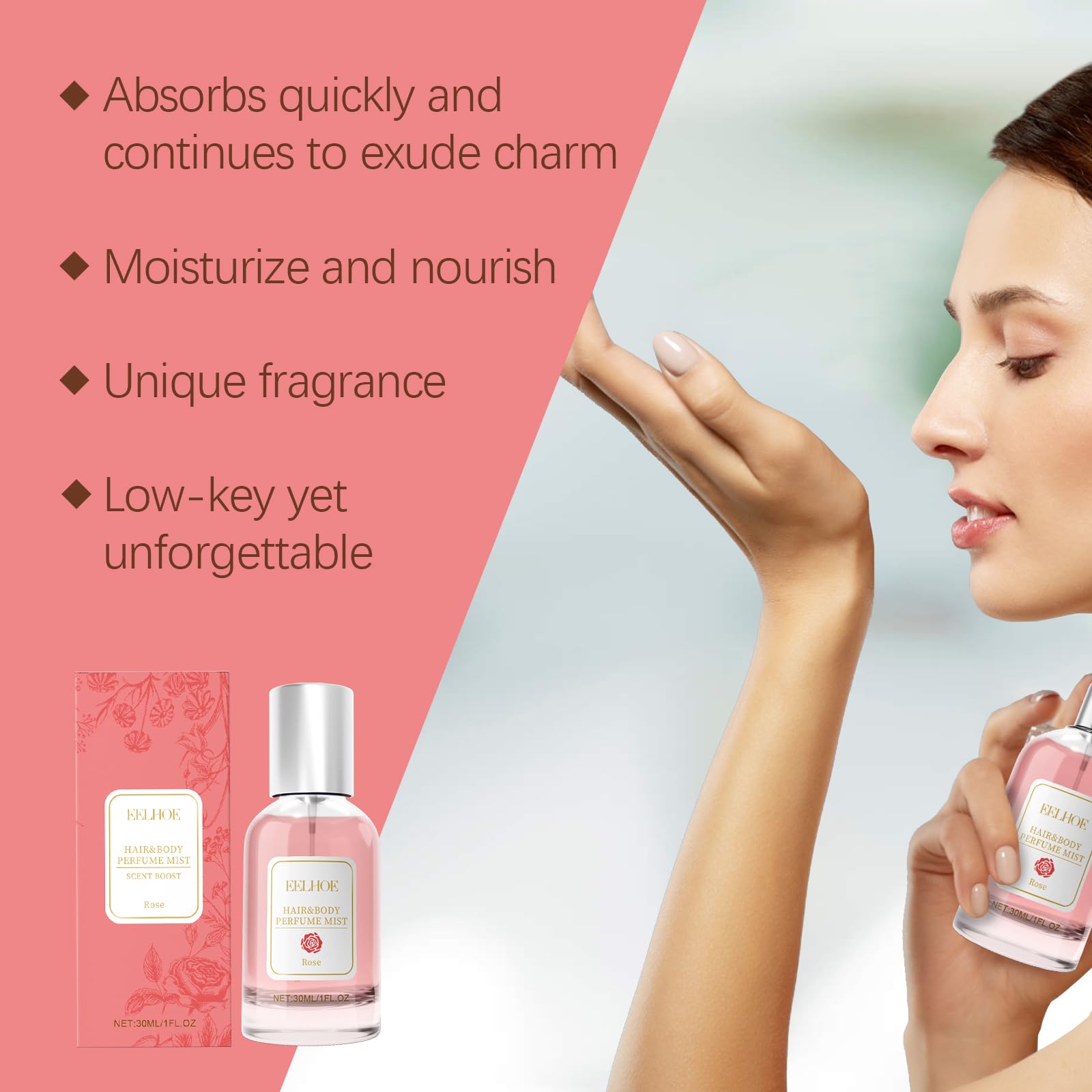 Long Lasting Hair Perfume for Women - Pheromone Infused Fragrance Mist, Nourishing & Hydrating Shine Spray (30ml, Rose Scent) - Perfect for Date Nights, Special Occasions & Daily Hair Care Routine