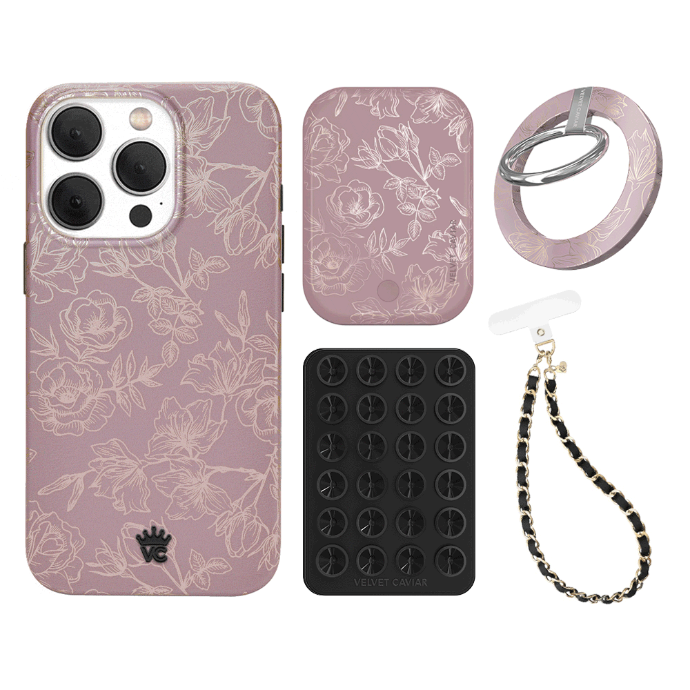 Dusty Rose Chrome Floral iPhone Case with Grip - Stylish Protective Phone Cover for iPhone 13/14/15 Pro Max - Perfect for Everyday Use, Work, and Travel