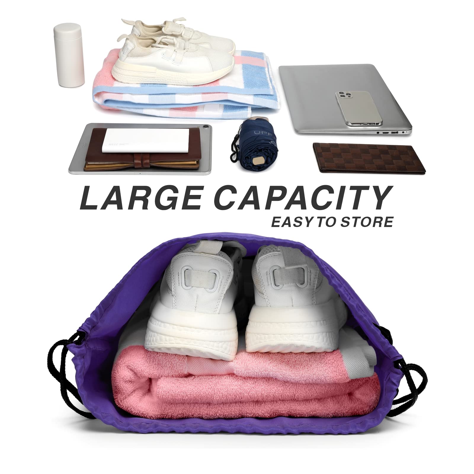 Lightweight Drawstring Backpack - 210D Nylon Foldable Gym Bag with Zipper Side Pocket for Men & Women | Perfect for Sports, Travel & School (Purple)