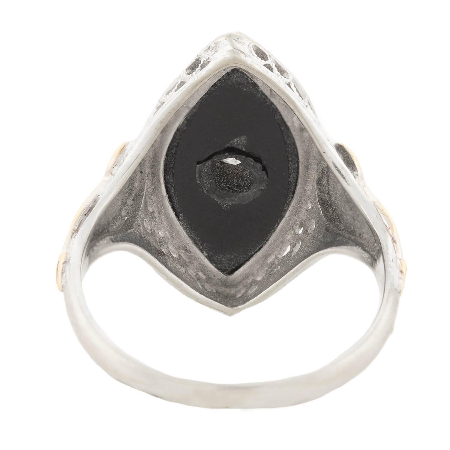Vintage Art Deco 14K Gold Onyx Diamond Enamel Navette Ring - Elegant Statement Jewelry for Weddings, Parties & Special Occasions