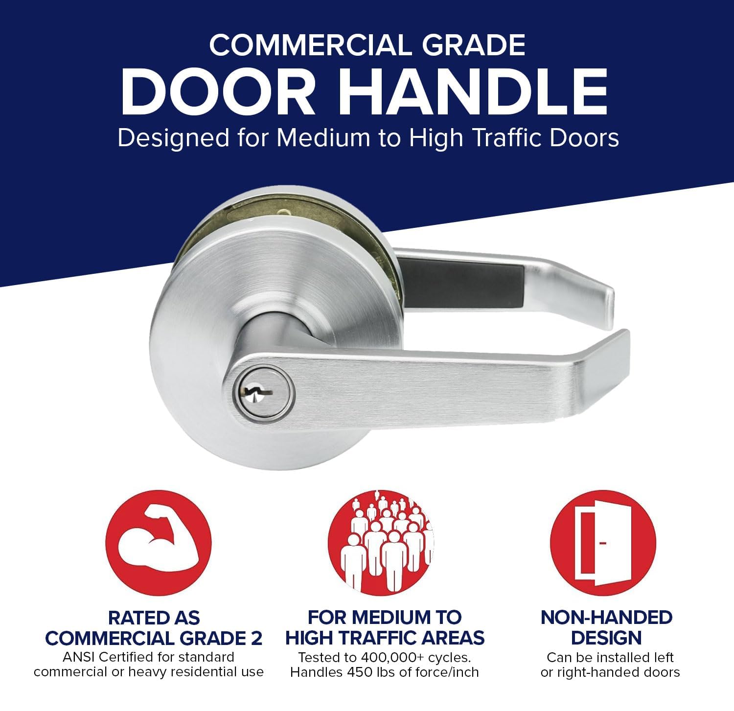 Heavy Duty Lawrence Commercial Lever Door Lock with Keyed Entry - Grade 2 Storeroom Function Door Handle with Lock & Key in Brushed Chrome - Ideal for Office Buildings, Retail Stores, and Warehouse Security