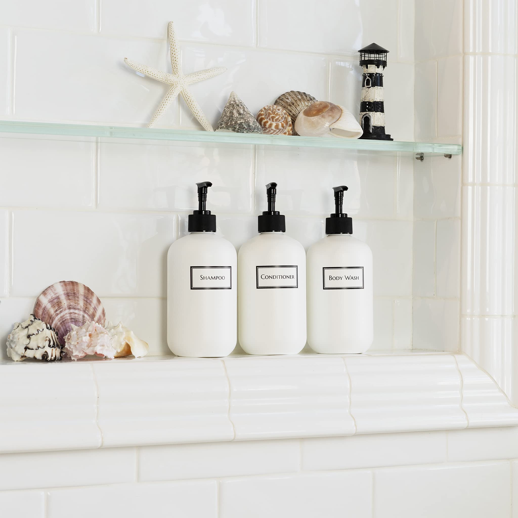 Silkscreened Empty Shower Bottle Set - 16oz Squat Containers for Shampoo, Conditioner & Body Wash | 3-Pack with Black Pumps | Perfect for Bathroom Organization & Travel Toiletries