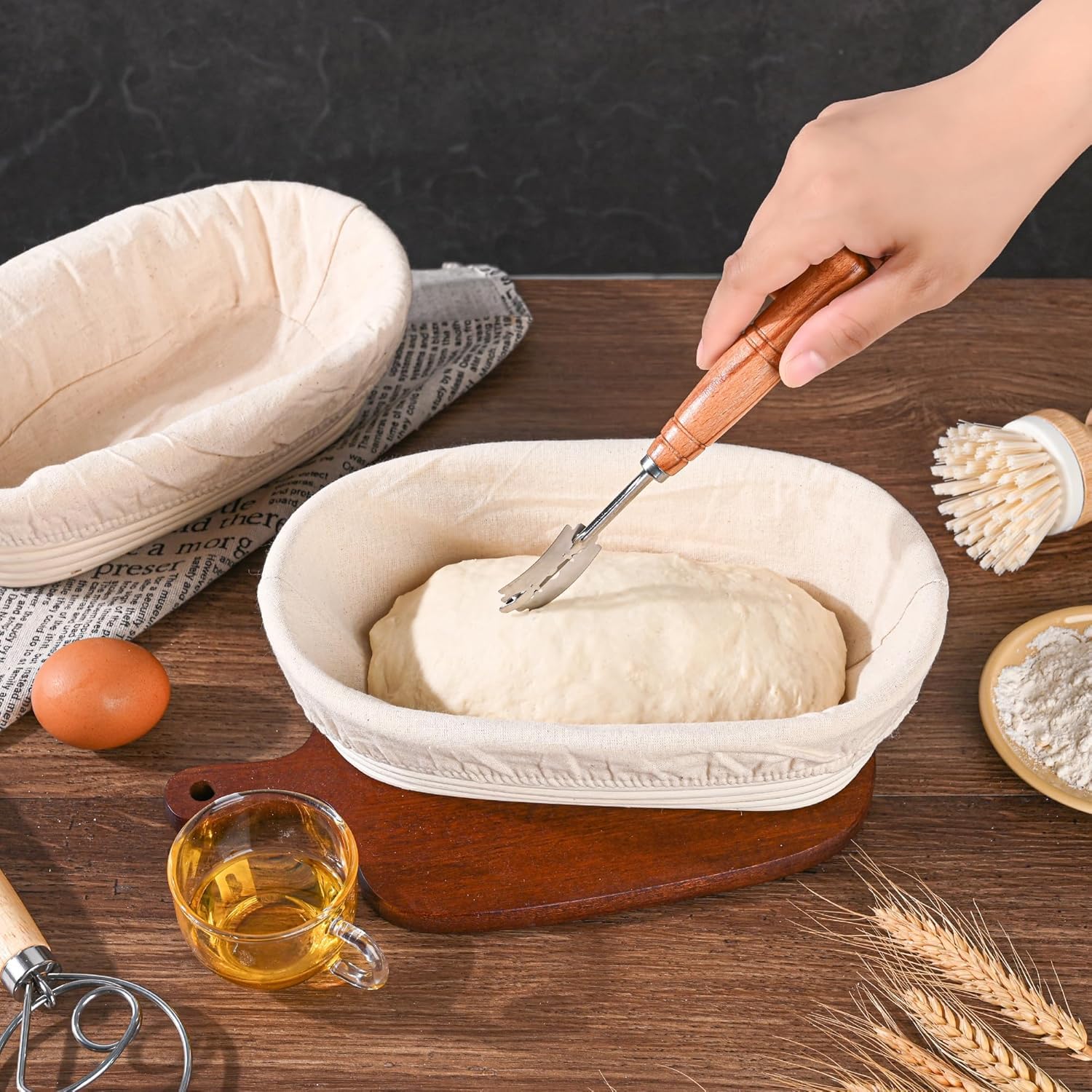 Saint Germain Bakery 10-Inch Oval Banneton Proofing Basket with Linen Liner (2-Pack) - Premium Brotform for Sourdough, Artisan Bread Baking | Perfect for Home Bakers & Professional Bakeries