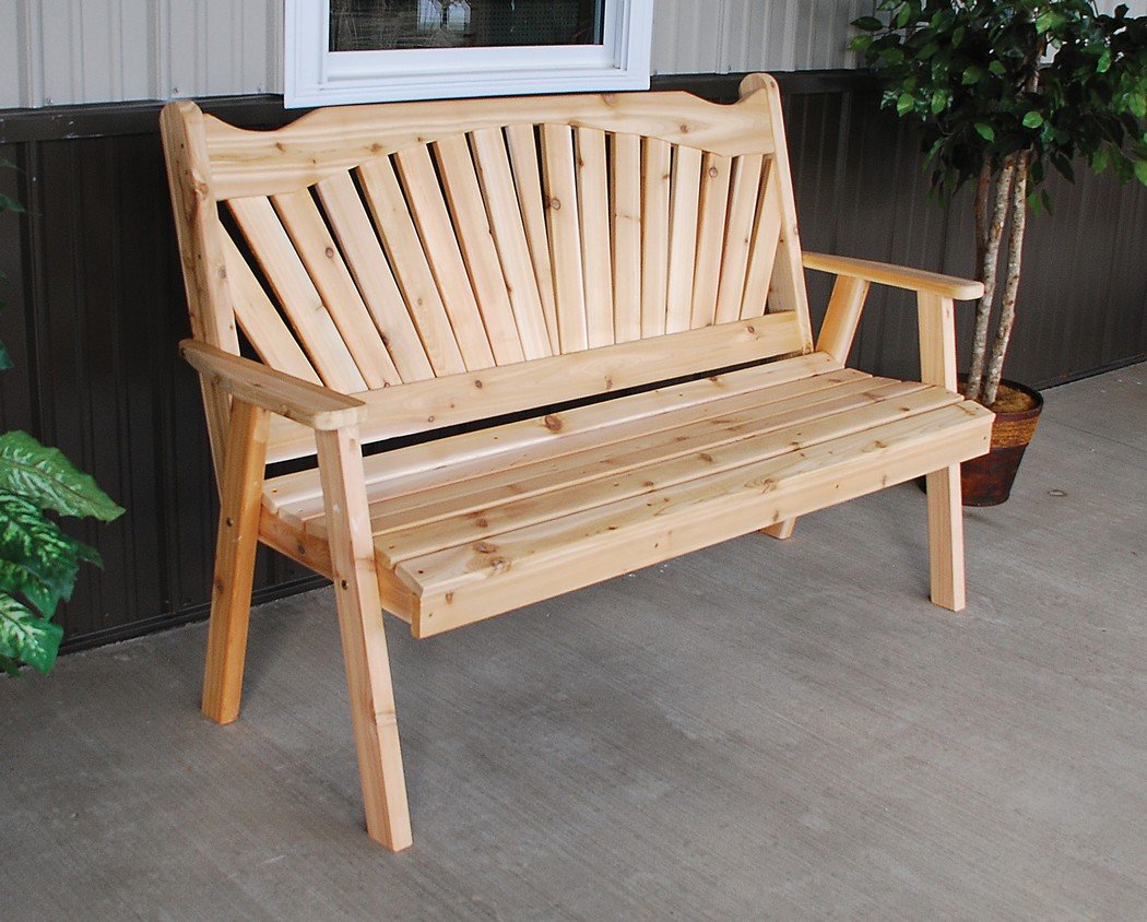 A & L Furniture Fan Back Garden Bench - Redwood Stain Outdoor Patio Seating for Garden, Yard, and Porch