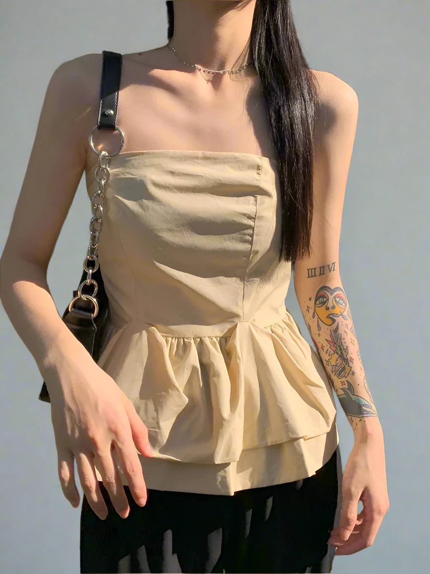 Strapless Apricot Women's Camisole - Sexy Ruffled Sleeveless Top for Casual Office Wear & Street Fashion | Perfect for Work, Date Nights & Summer Outfits
