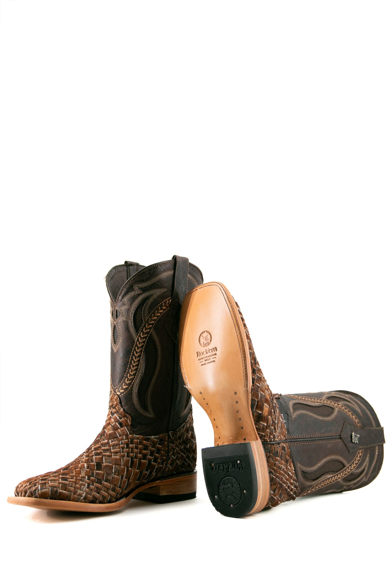 Rock'em Woven Cowhide Square Toe Cowboy Boots for Men - Western Style Leather Boots with Comfortable Fit - Perfect for Rodeo, Country Music Festivals & Casual Wear