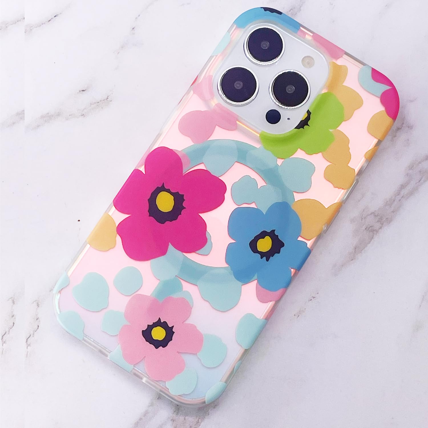 Magnetic Case for iPhone 13 Pro Max 6.7 inch - Slim Shockproof Protective Cover with TPU Bumper & Screen Protector | Compatible with MagSafe Charging | Cute Holographic Blue Pink Floral Design | Perfect for Daily Use, Travel & Work Protection
