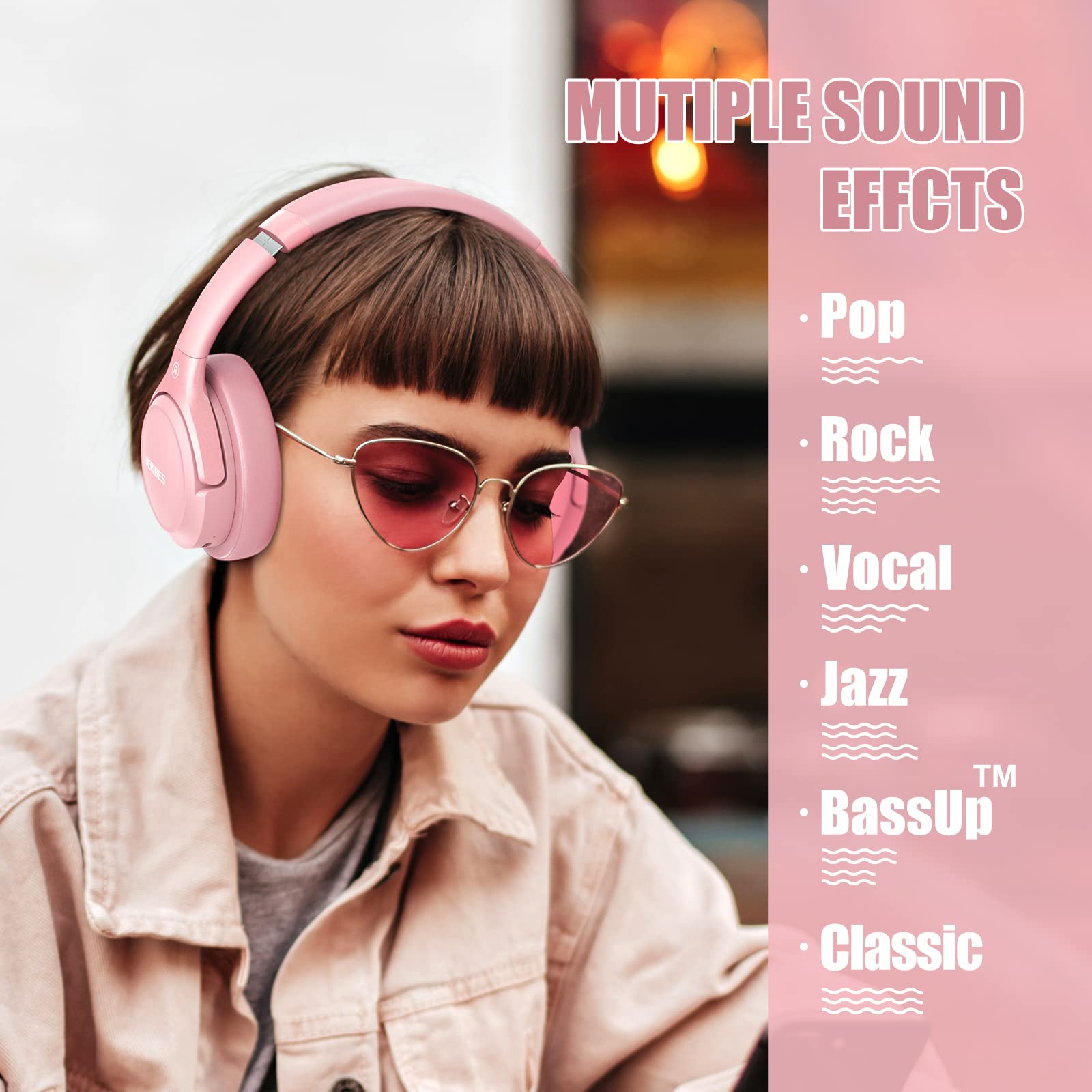 BERIBES Bluetooth Wireless Over Ear Headphones with Microphone - 65H Playtime, 6 EQ Modes, HiFi Stereo, Foldable & Lightweight - Perfect for Home, Office, Travel, Gaming & Music (Pink)
