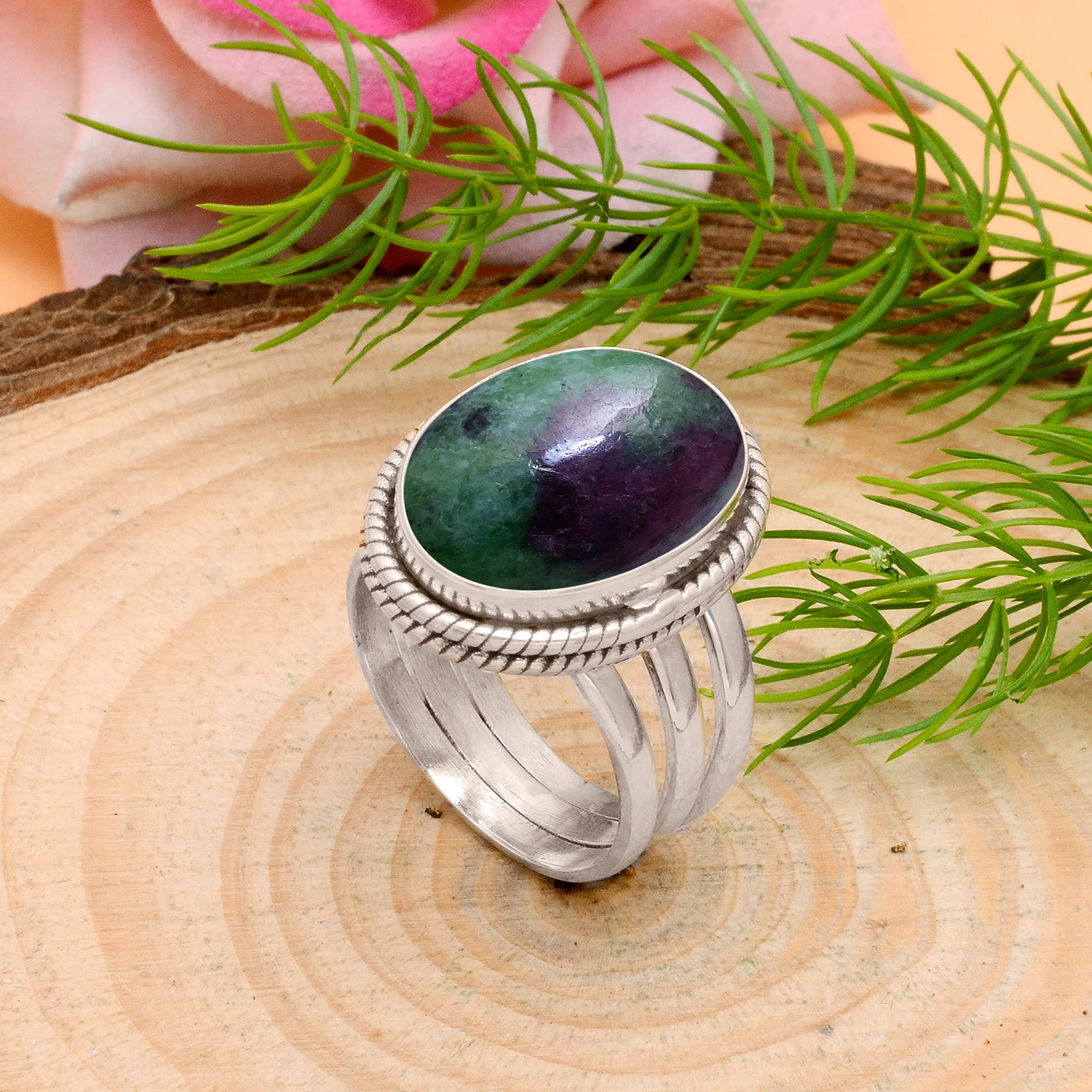 925 Sterling Silver Ruby Zoisite Ring for Women | Handmade Bohemian Jewelry with Green Red Gemstone | Trendy Unisex Fashion Ring | Perfect for Boho Chic Outfits & Special Occasions - VSR-112
