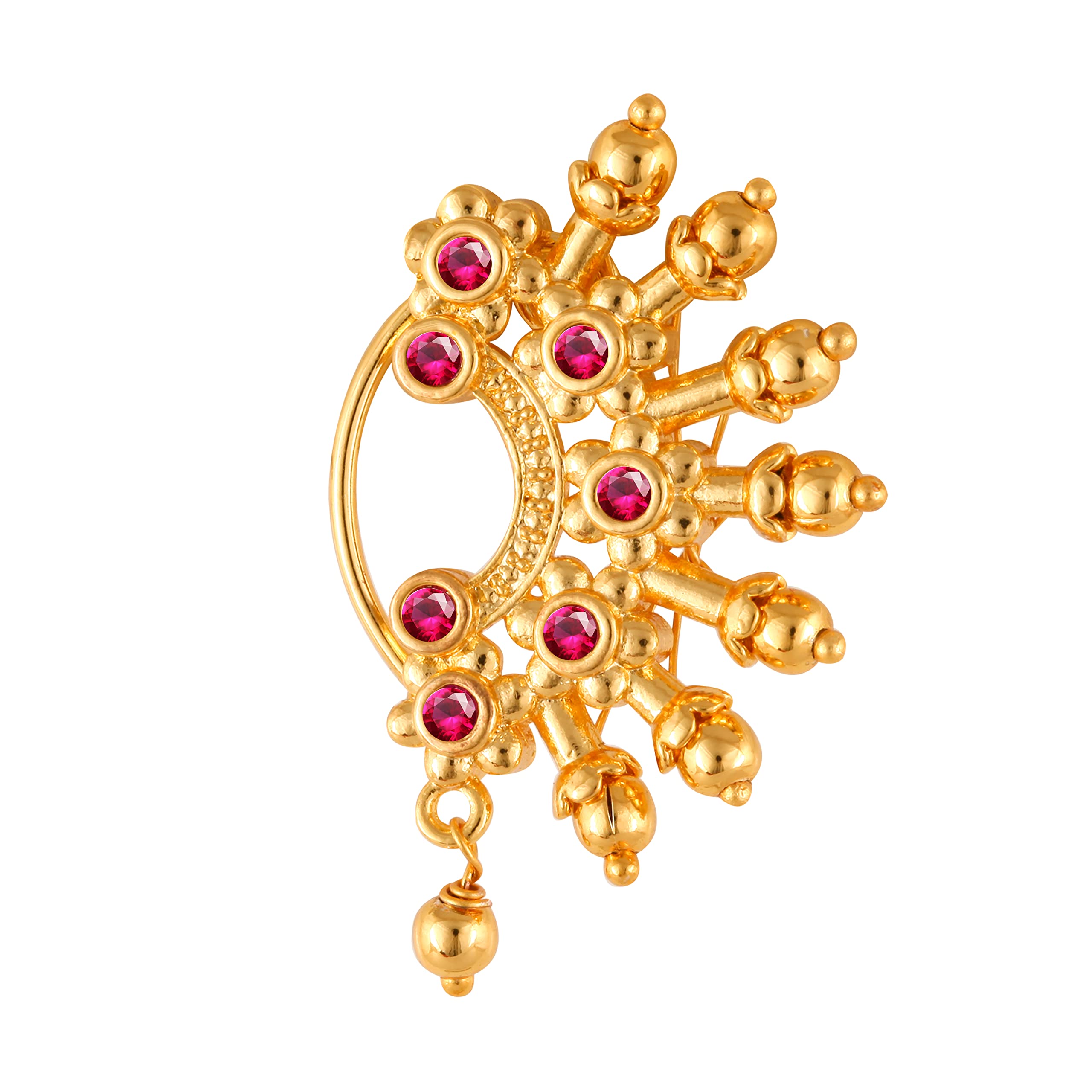 Vighnaharta Gold Plated Pearl Alloy & CZ Red Stone Non-Piercing Maharashtrian Nath Nose Ring | Valentine's Day Gift for Her/Him, Women's Jewelry | Perfect for Weddings, Festivals & Ethnic Outfits {VFJ1163NTH-Press-Gold}
