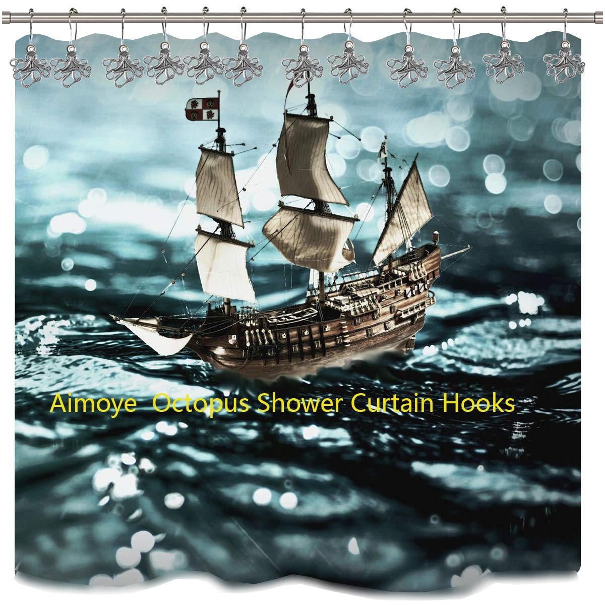 Silver Metal Octopus Shower Curtain Hooks & Rings - Decorative Bathroom Hangers for Ocean/Beach Theme Decor, Tropical Sea Bathroom Accessories Set - Perfect for Coastal, Nautical & Beach House Bathrooms