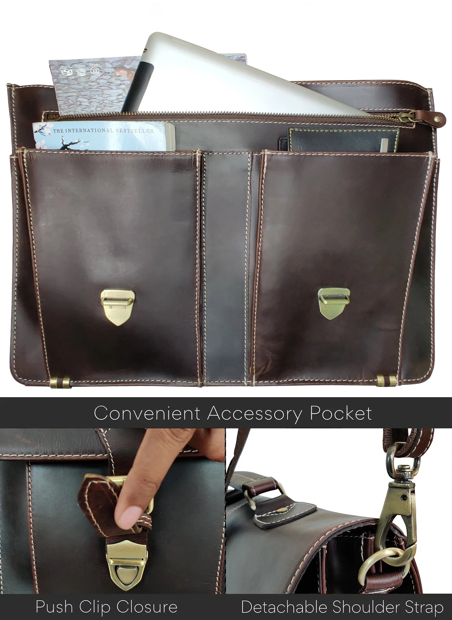 Wayne Premium 16 Inch Genuine Leather Satchel Briefcase for Men & Women - Business Laptop Bag with Shoulder Strap (Walnut Brown) - Perfect for Office, Work, Travel & Daily Commute
