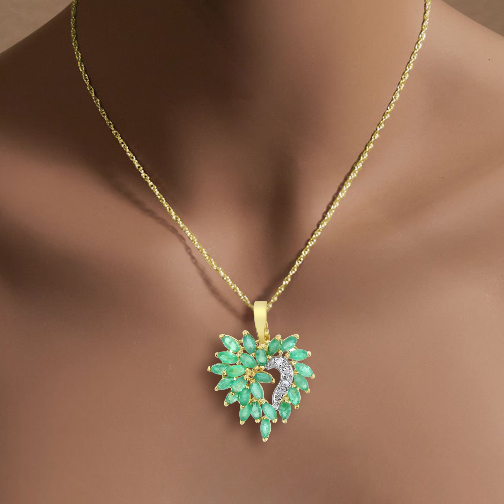 14k Yellow Gold Marquise Emerald Cluster Necklace | Elegant Dainty Jewelry for Women | Perfect for Weddings, Anniversaries & Special Occasions
