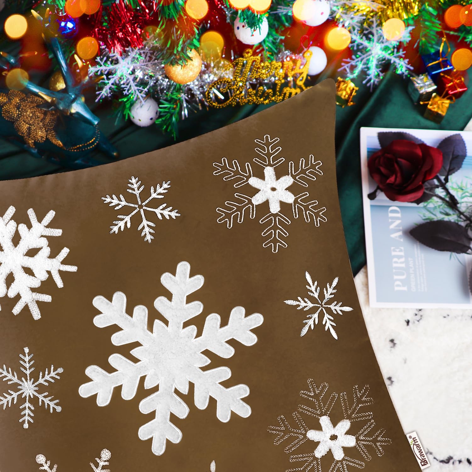 BRAWARM 18x18 Inch Christmas Snowflake Embroidered Velvet Pillow Cover - Soft Decorative Brown Throw Pillow for Couch, Bed, Sofa | Perfect for Living Room, Home Decor & Holiday Gift Giving