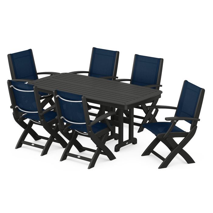 POLYWOOD Coastal Folding Arm Chair 7-Piece Outdoor Dining Set - Perfect for Patio, Deck, Poolside & Beachfront Entertaining