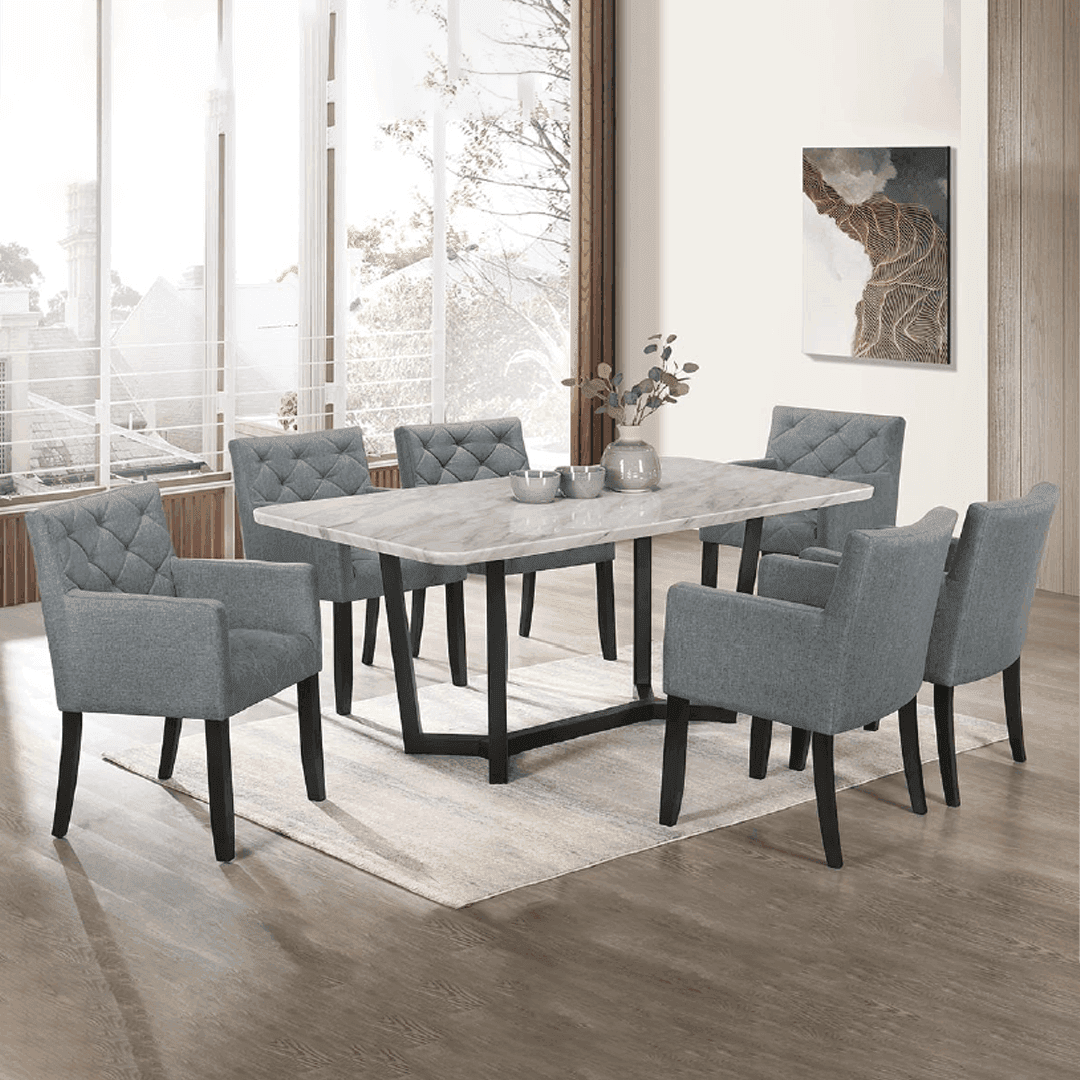 Fiorelle Marble Dining Table Set with 6 Chairs - Elegant White Marble Top & Sturdy Metal Base for Dining Room, Kitchen, or Outdoor Patio