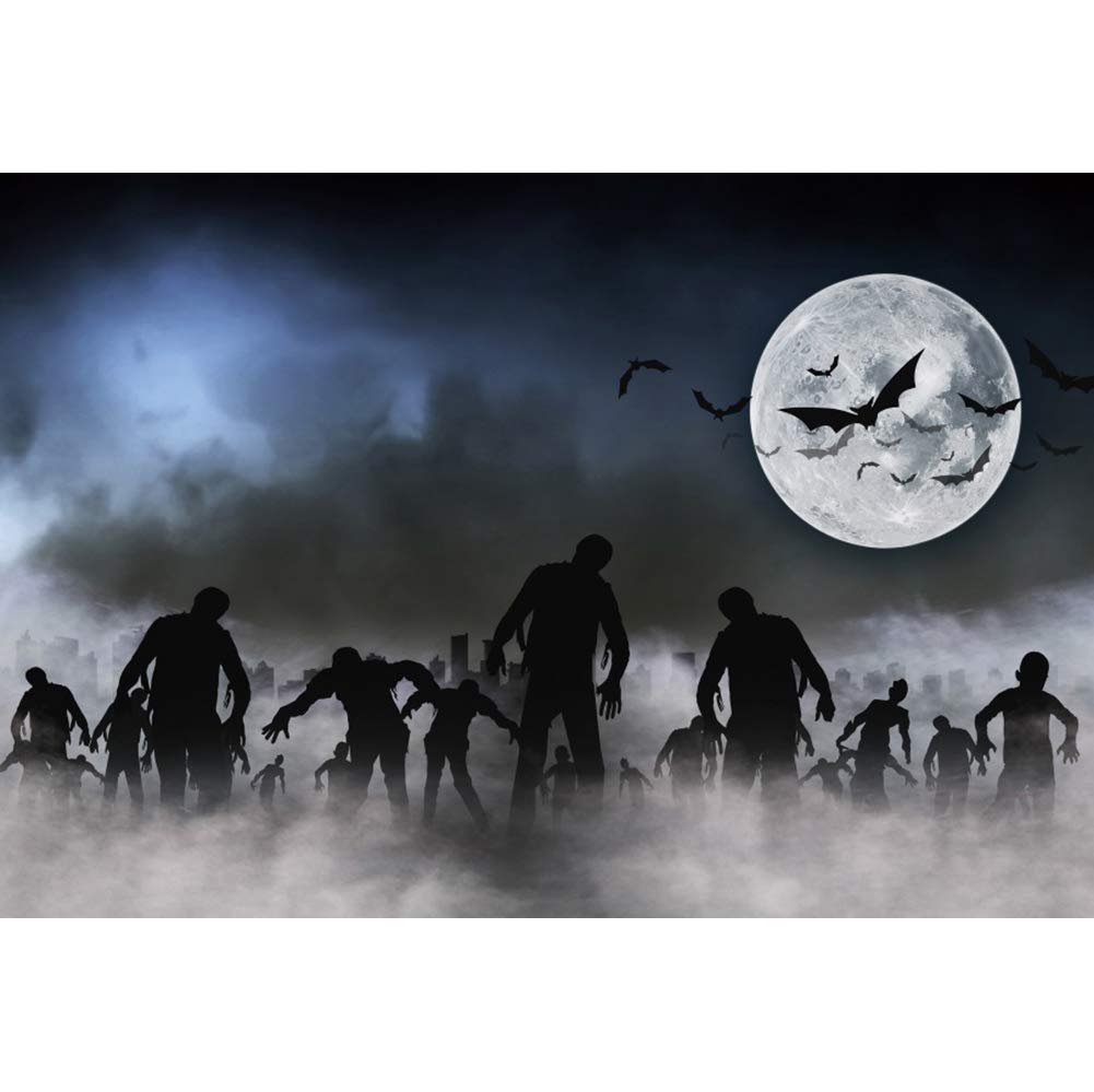 AOFOTO 10x7ft Halloween Photography Backdrop - Zombies, Crows, Full Moon, Bats & Misty Clouds for Party, Role Play & Portrait Studio Props (Vinyl) | Perfect for Halloween Decor, Themed Parties & Spooky Photo Shoots