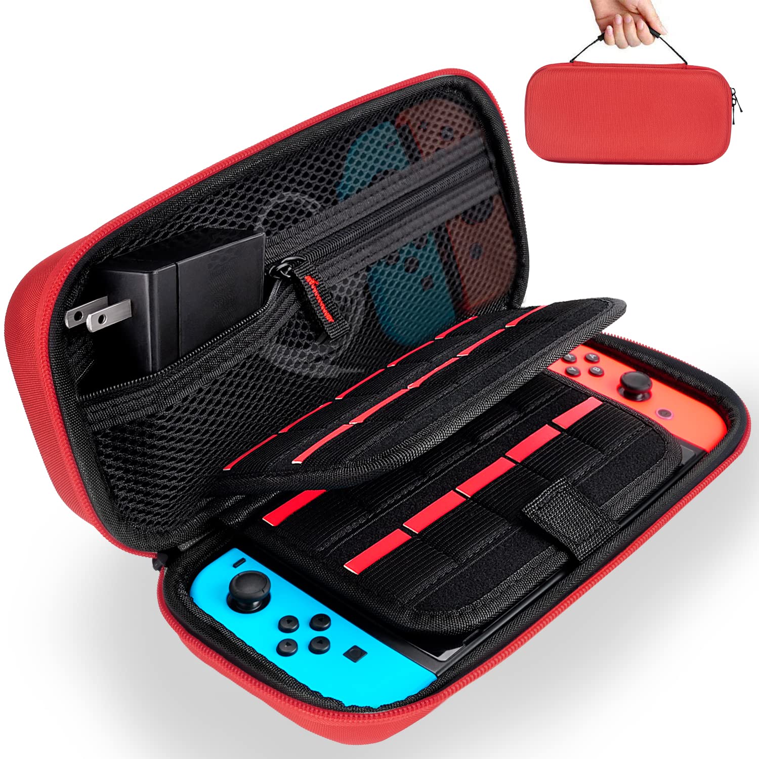 Premium Hard Shell Nintendo Switch Carrying Case - Compatible with Switch & OLED Models, Holds Console, AC Charger & 20 Game Cartridges - Durable Travel Pouch for Gaming On-The-Go (Red) - Perfect for Commuting, Travel & Outdoor Gaming Protection