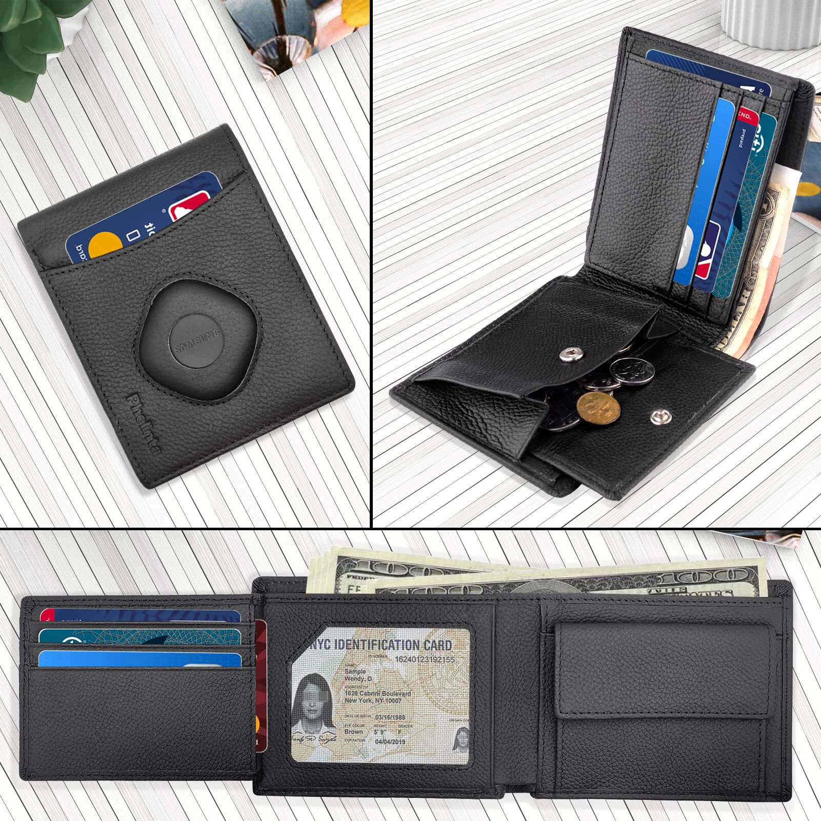 Premium Men's Leather Wallet for Samsung Smart Tag Plus/Smart Tag - RFID Blocking, Genuine Leather, Compatible with Galaxy SmartTag+/SmartTag - Black - Perfect for Travel, Business & Everyday Use