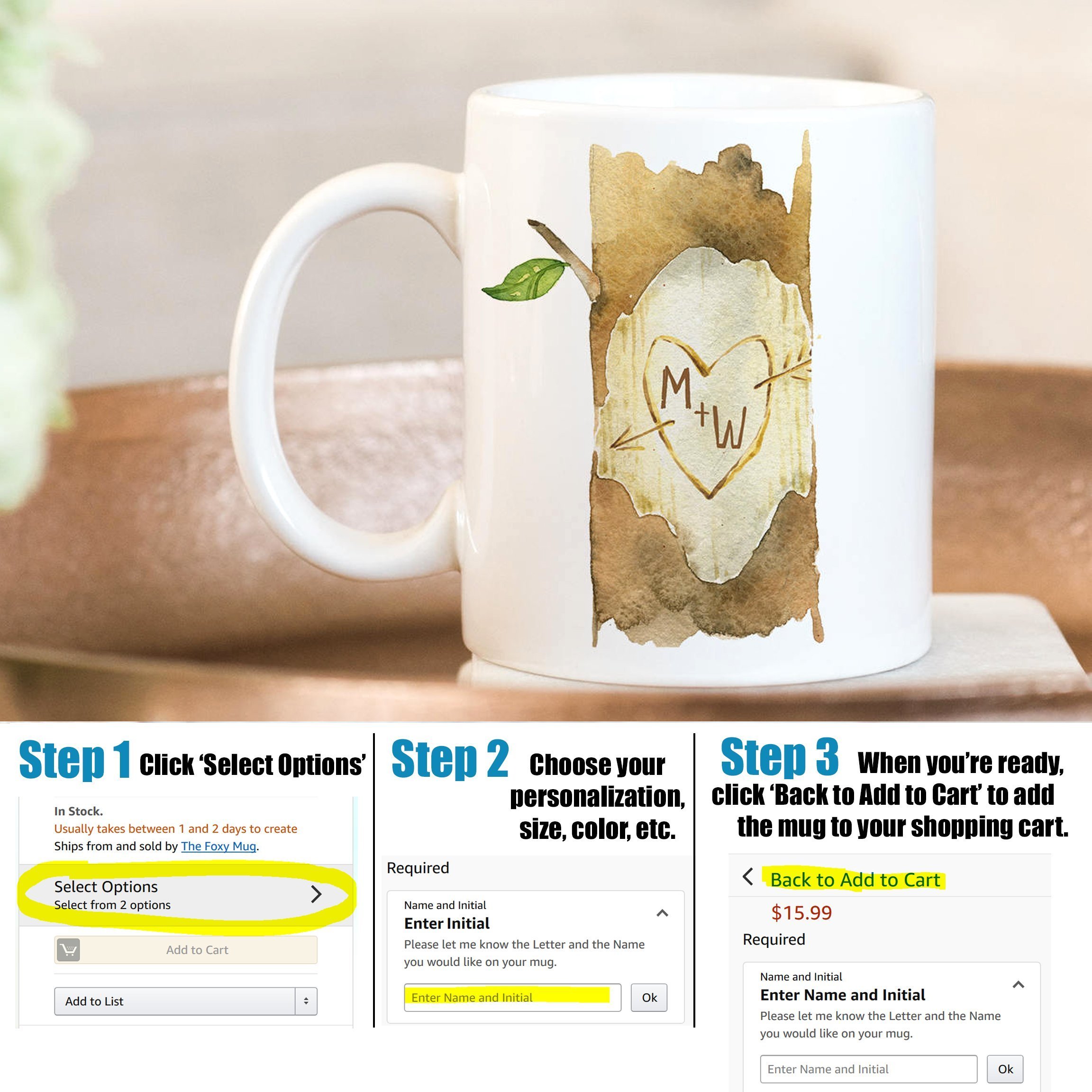 Personalized Initials Carved Ceramic Coffee Mug - Custom Monogram Couple Cup - Microwave & Dishwasher Safe - Perfect for Anniversary Gifts & Romantic Coffee Dates